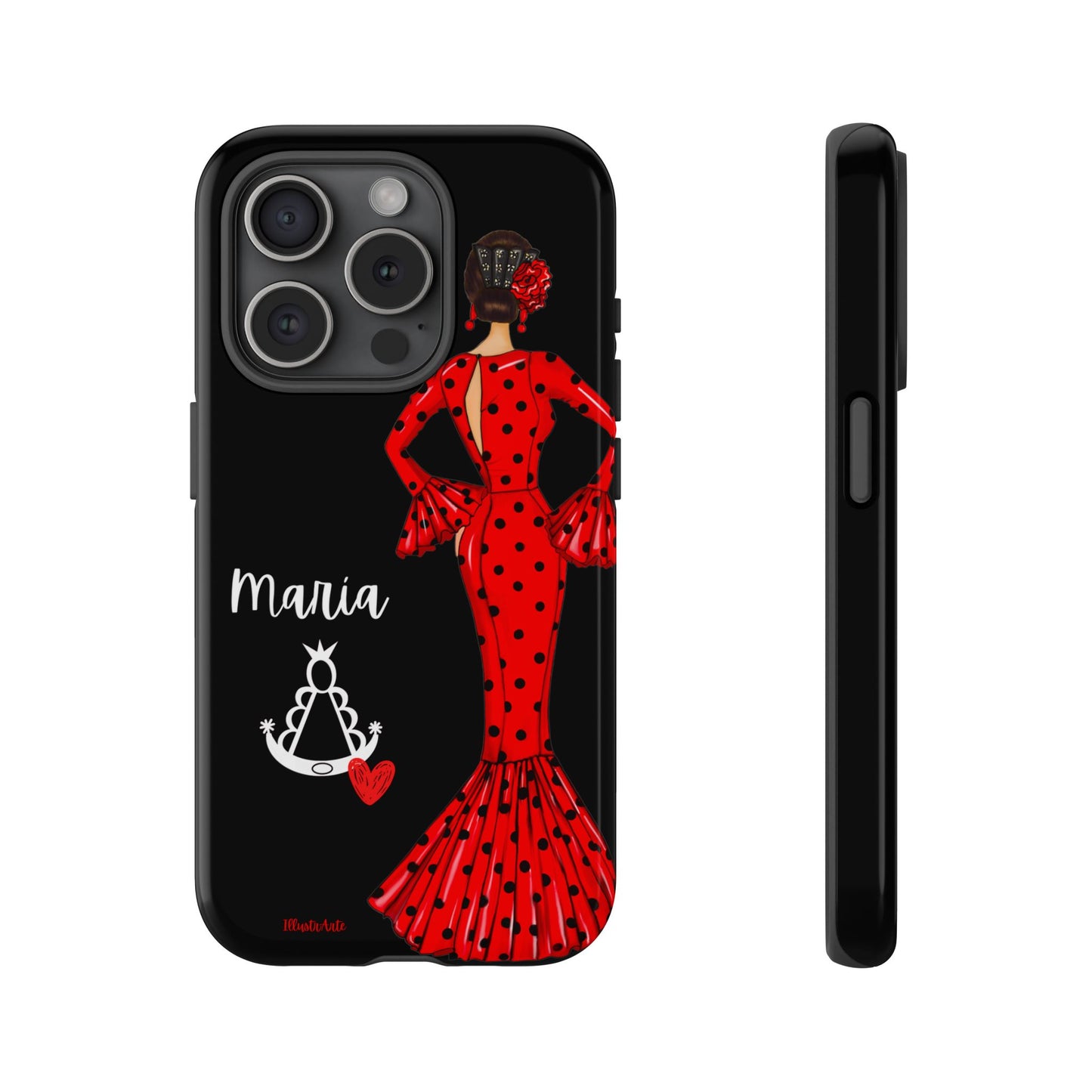 una funda de teléfono con una mujer en un vestido rojo