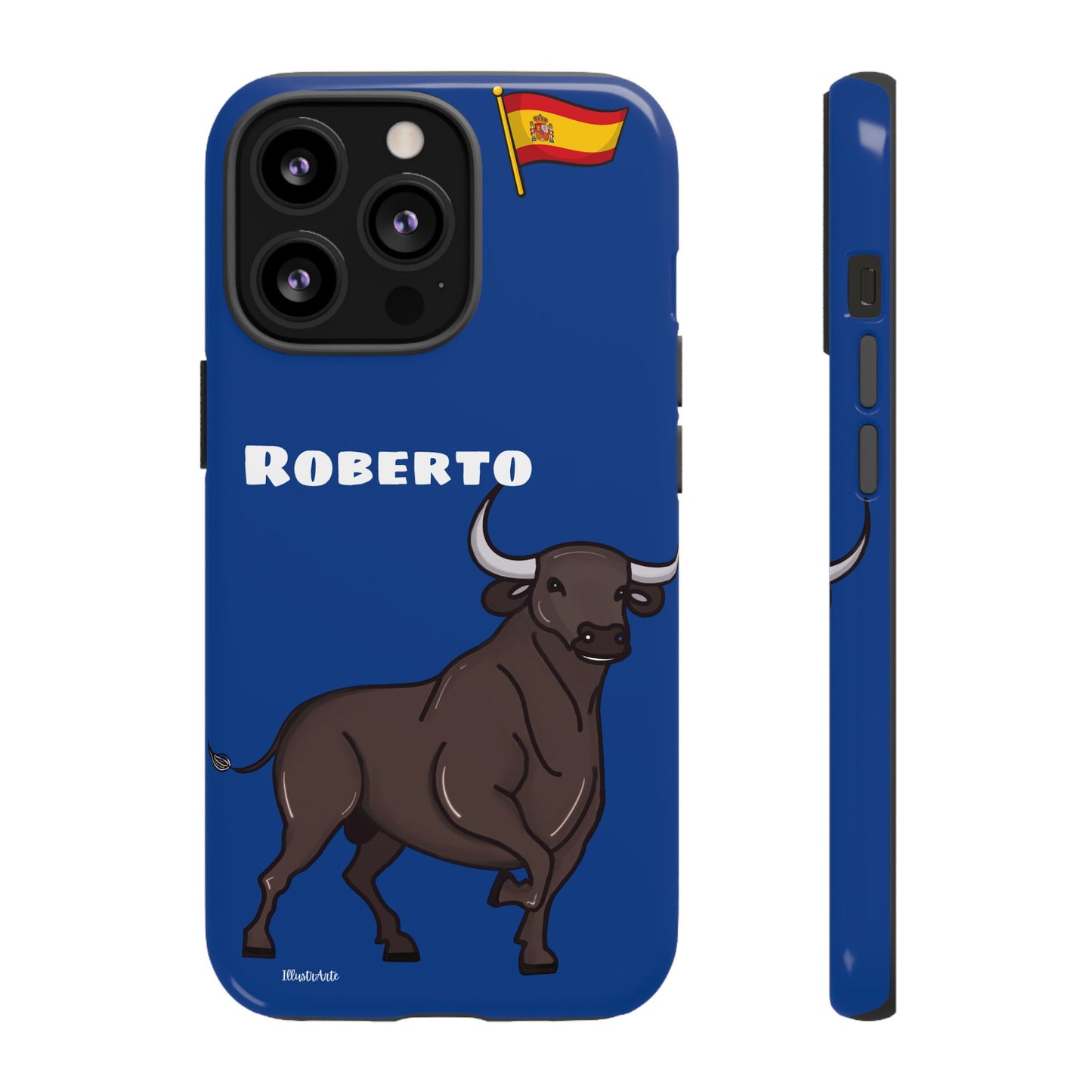 una funda de teléfono azul con un toro en ella