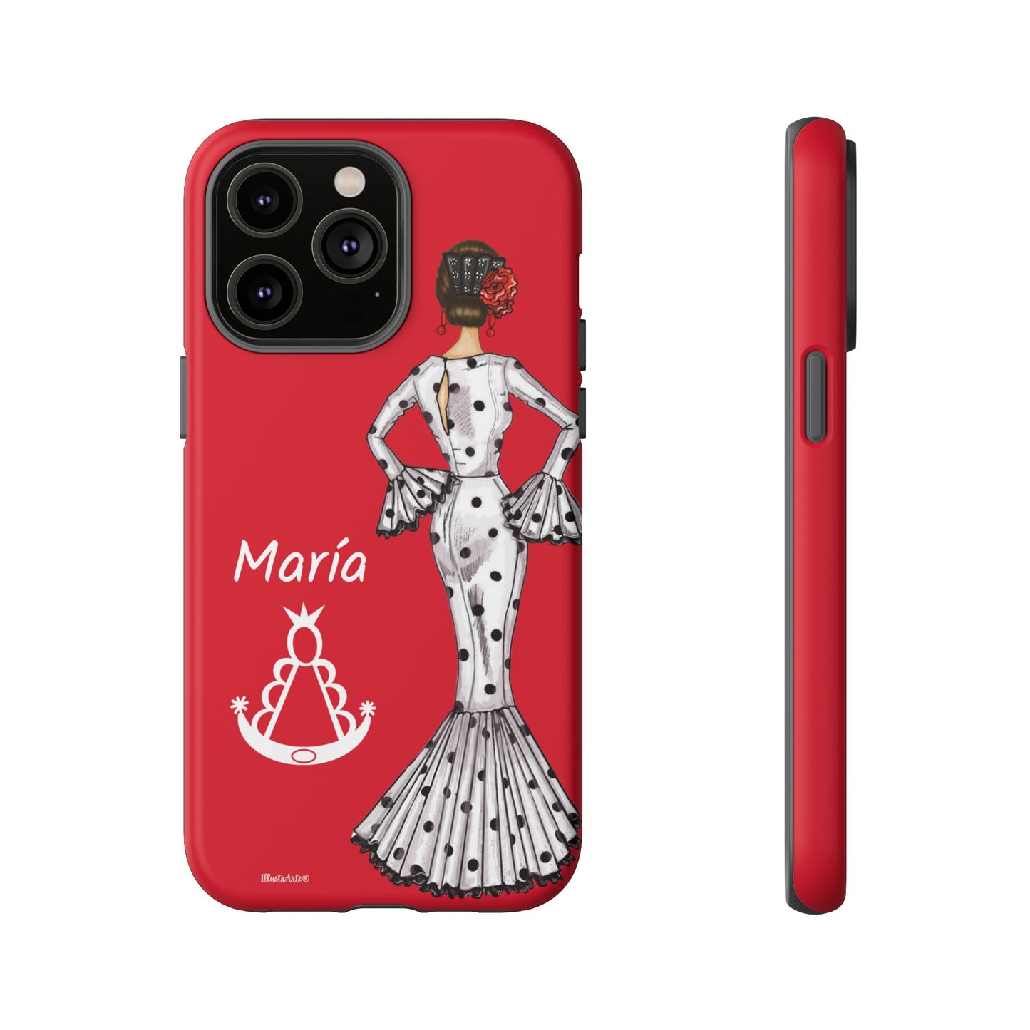 una funda de teléfono roja con una imagen de una mujer en ella