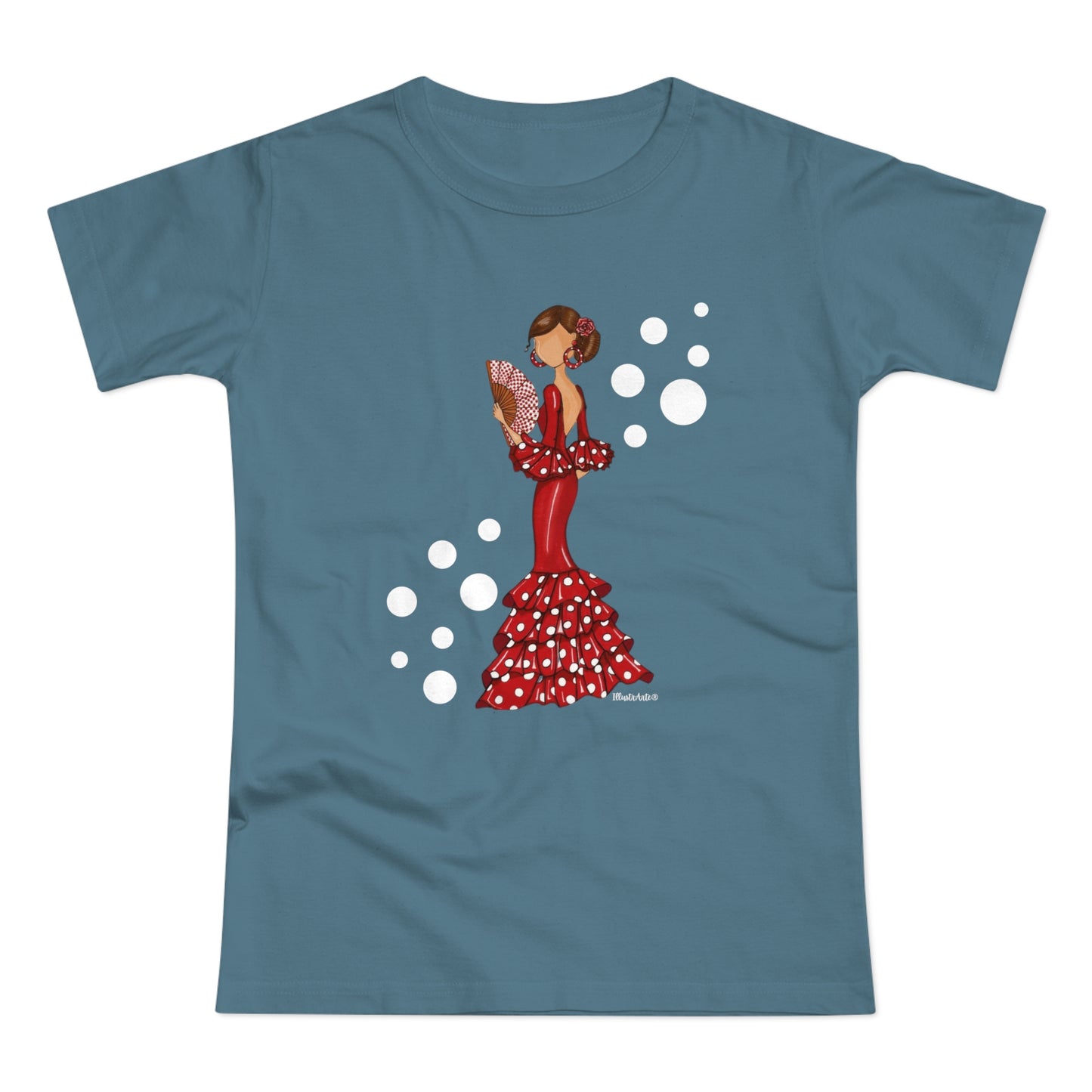 a women's t - shirt with a woman in a red dress holding a