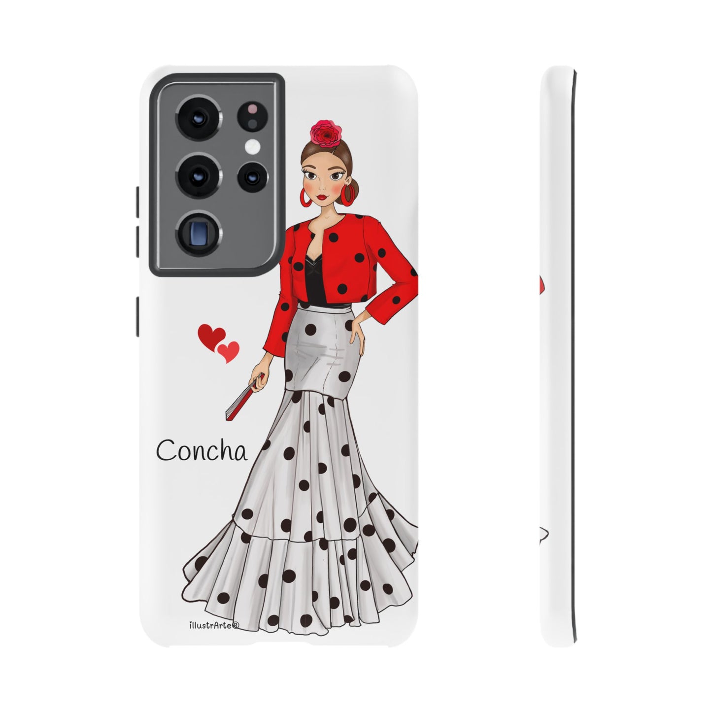 Vista cercana de la funda de teléfono modelo Conchita, con diseño de la Virgen ideal para personalizar tu smartphone.