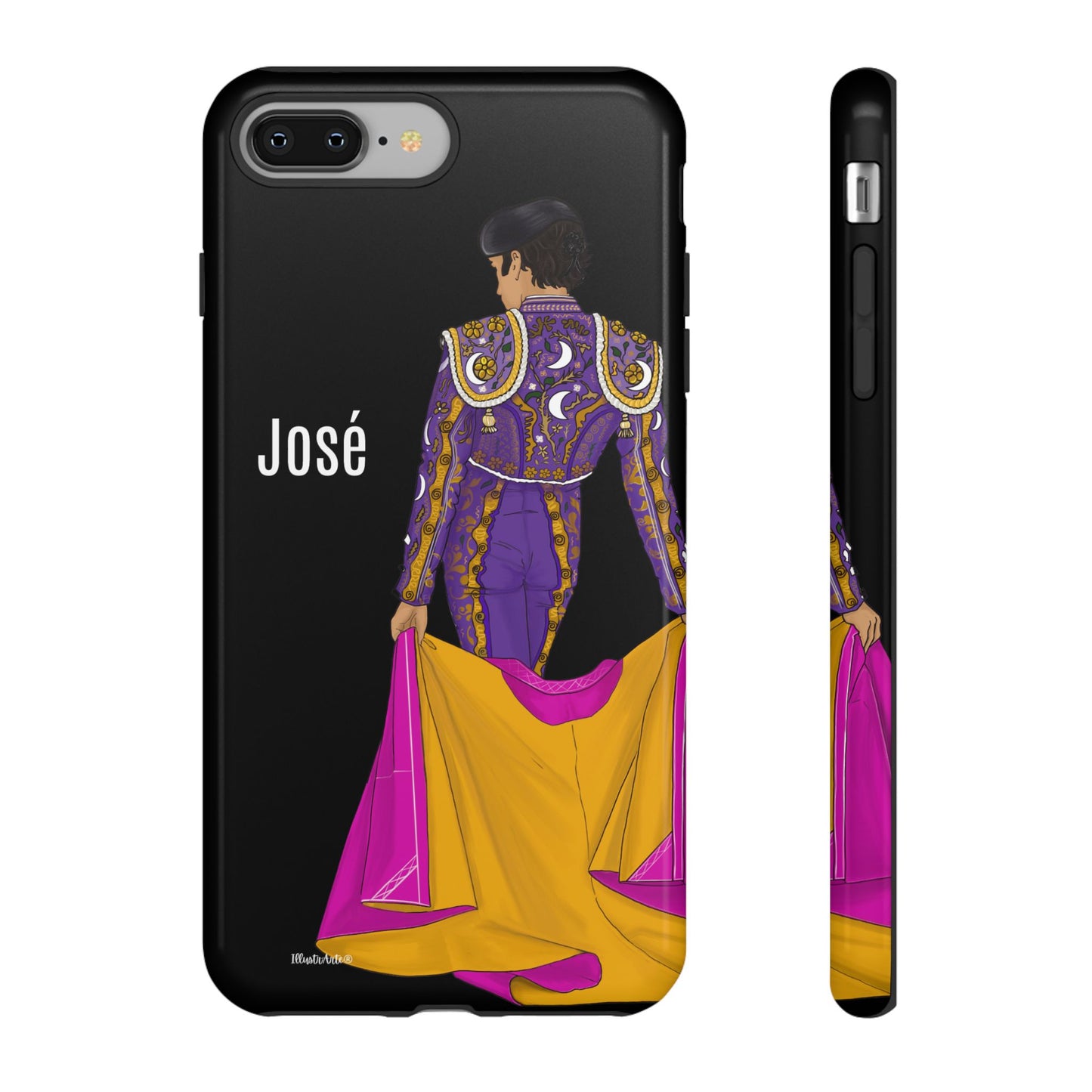 una funda de teléfono con un dibujo de un hombre en un traje morado y amarillo