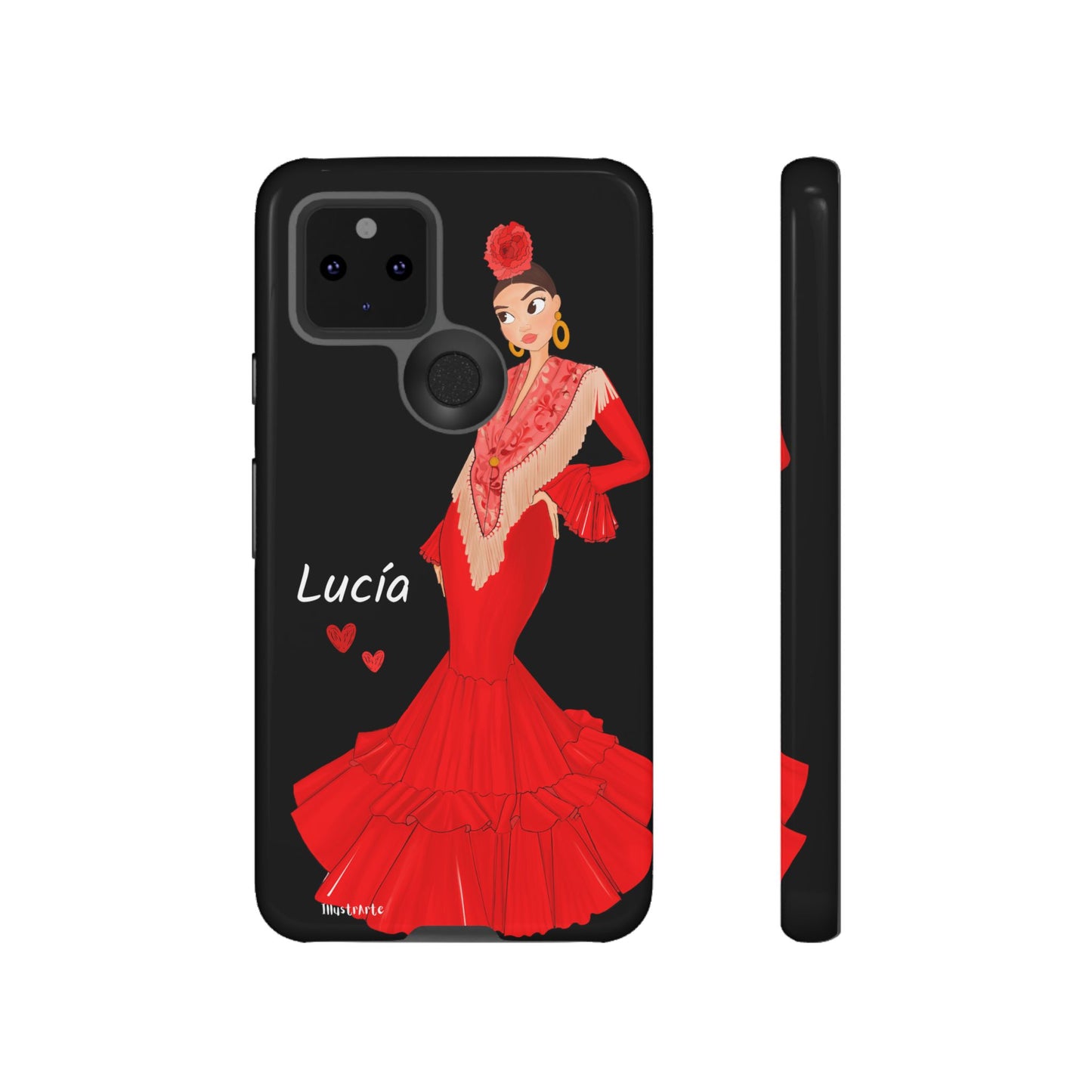 una funda de teléfono con una mujer en un vestido rojo