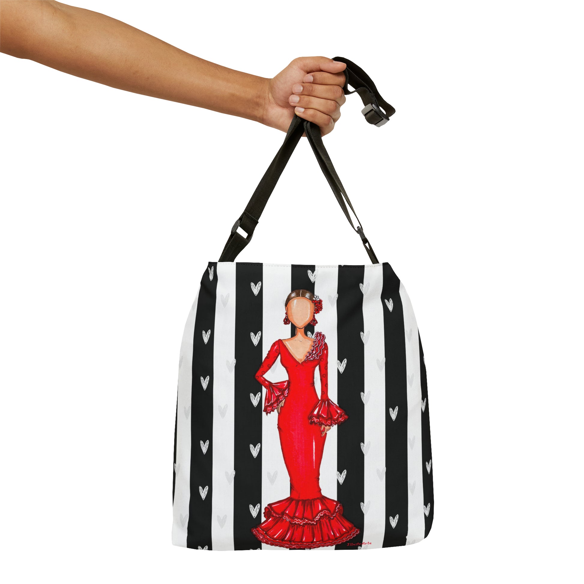 Flamenco Dancer Tote Bag with zip, red dress and white hearts on a black and white stripe design. - IllustrArte