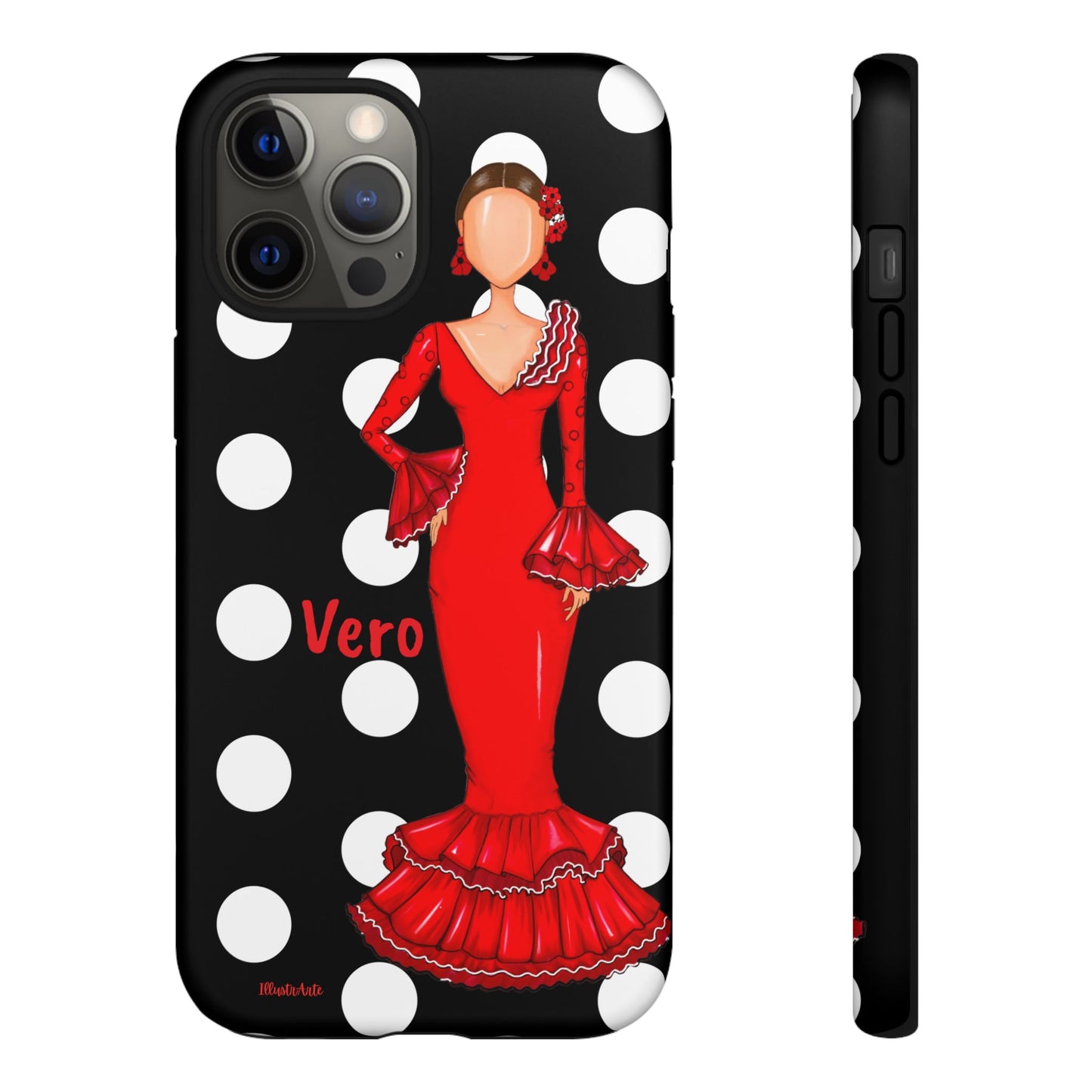 una funda para teléfono con una mujer en un vestido rojo