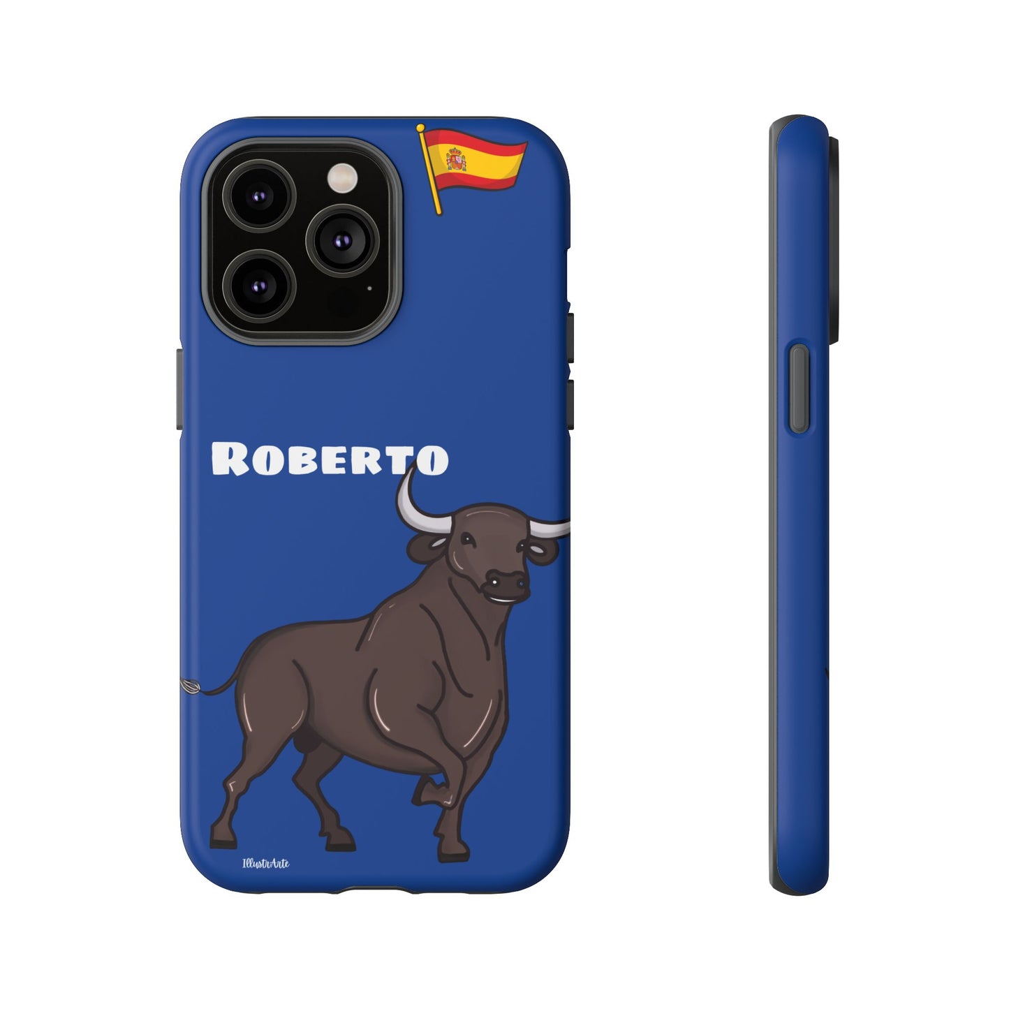 Funda de teléfono personalizable con nombre/bandera/Virgen - Modelo Toro Roberto, ideal para mostrar estilo personal.