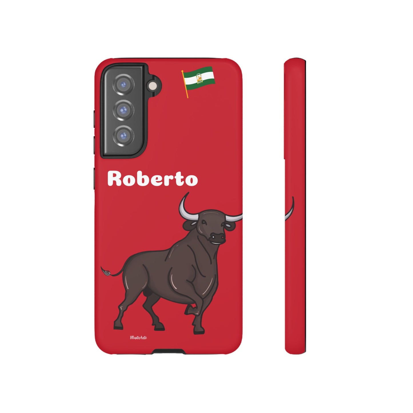 una funda de teléfono roja con un toro en ella