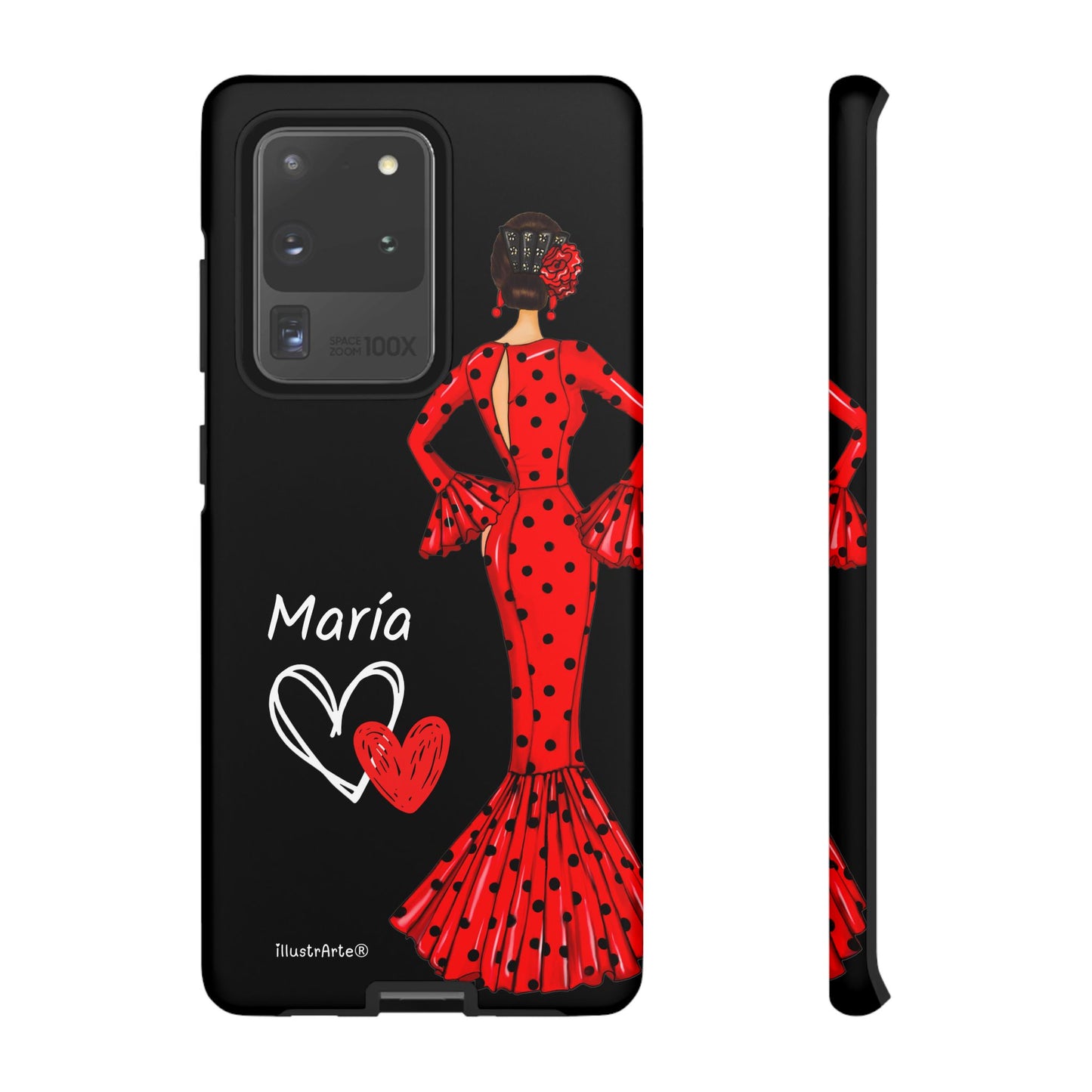 Capa de celular personalizável com nome/bandeira/Virgem - modelo Red Maria com cabelo escuro, fundo preto, para iPhone, Samsung e Google Pixel