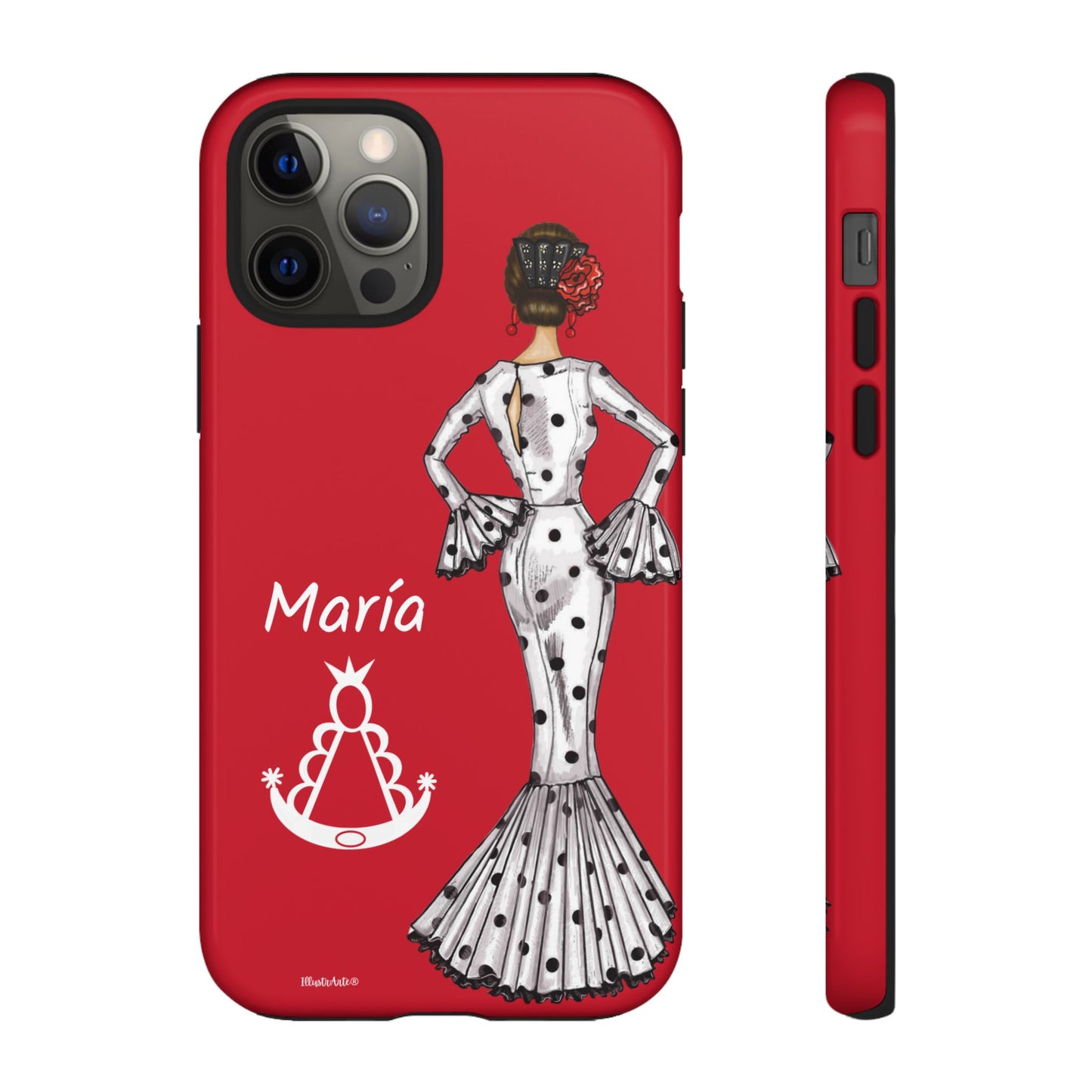 una funda de teléfono roja con una imagen de una mujer en un vestido