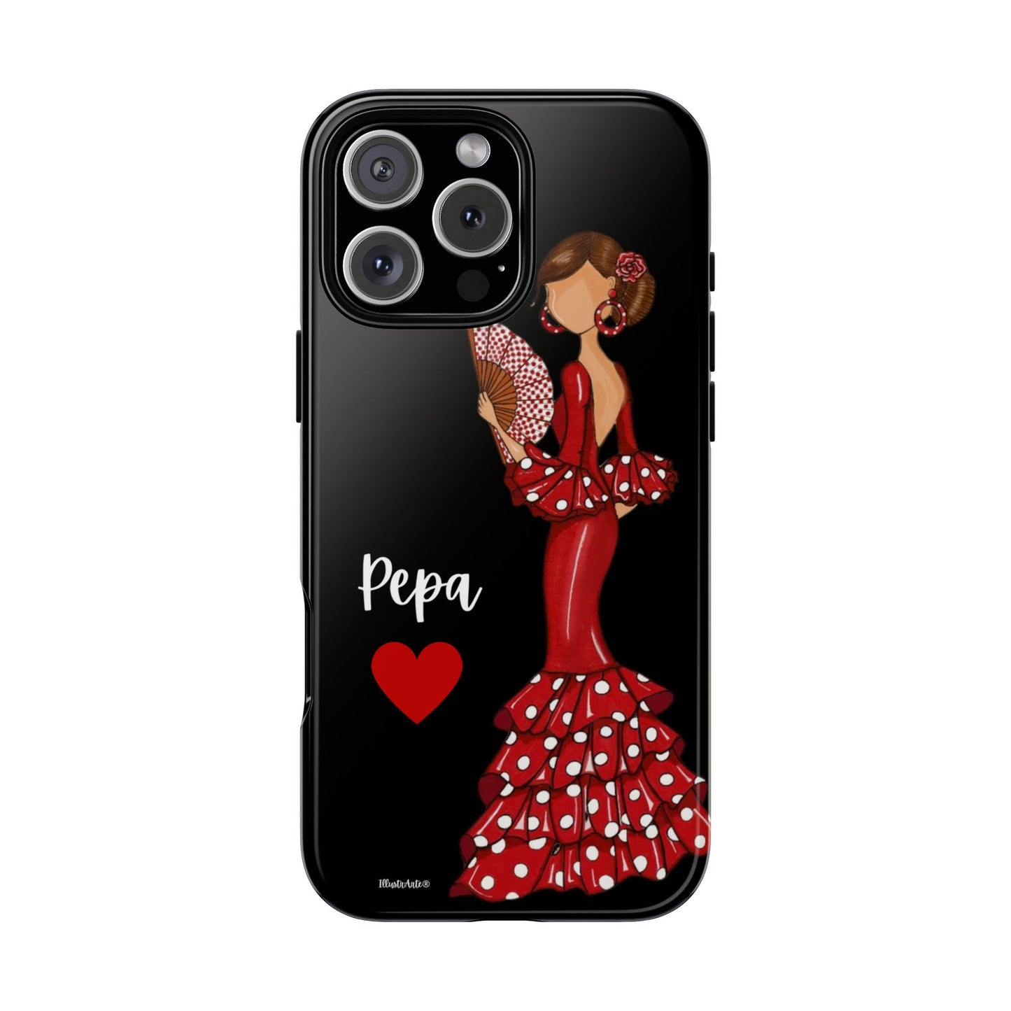 una funda de teléfono con una mujer en un vestido rojo