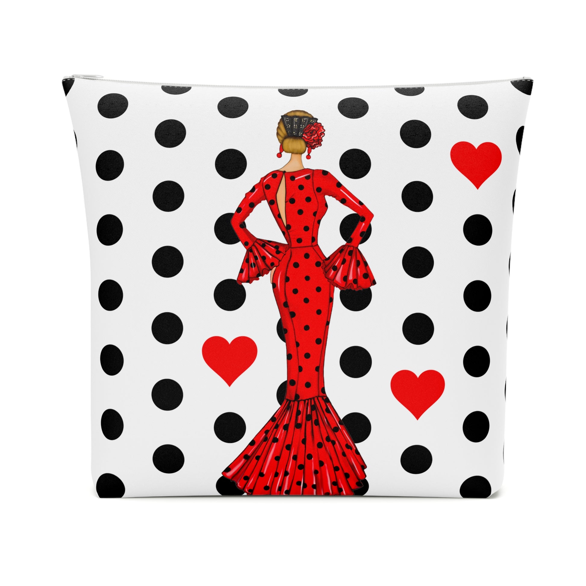 a pillow with a lady in a polka dot dress