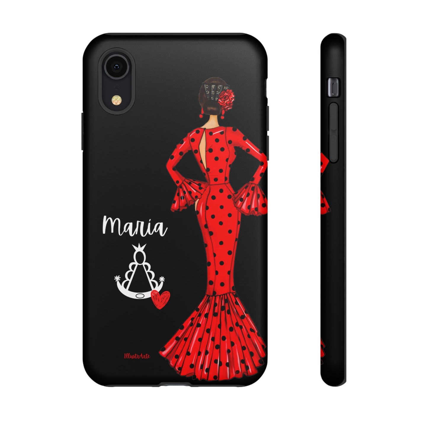 una funda de teléfono con una mujer en un vestido rojo