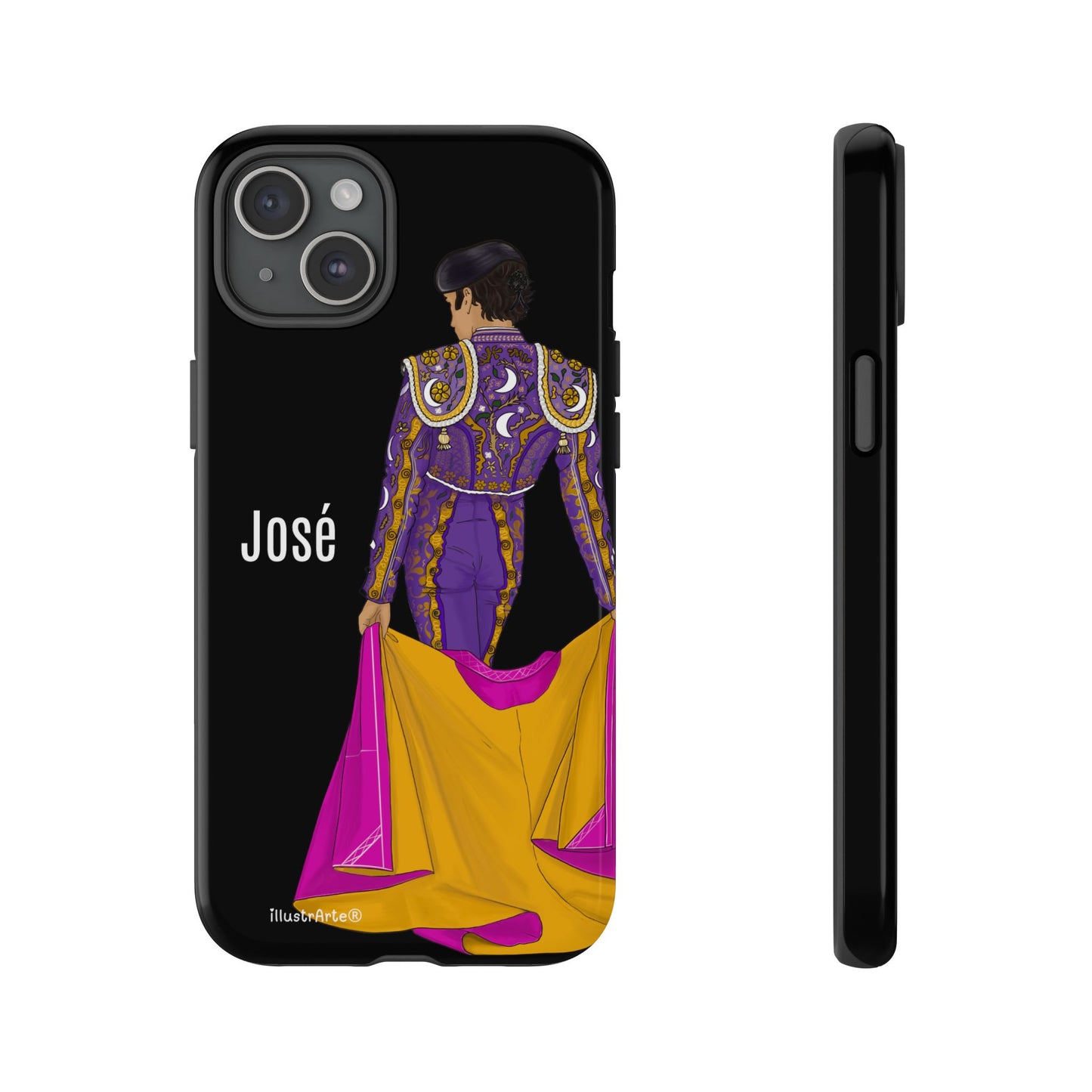 Personalized phone case featuring bullfighter José on a green background – for iPhone, Samsung, Pixel