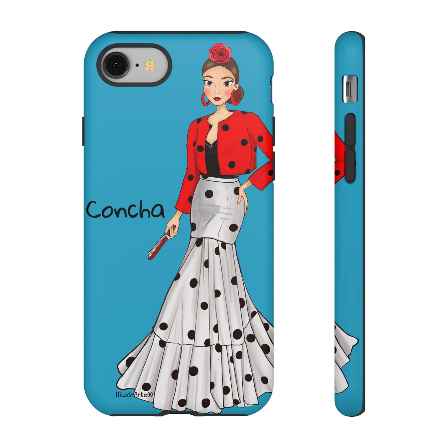 Funda de teléfono con diseño de flamenca, Modelo Conchita fondo azul, ideal para proteger tu dispositivo.