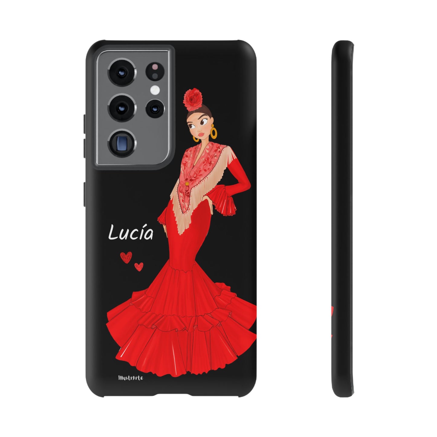 una funda de teléfono con una imagen de una mujer en un vestido rojo