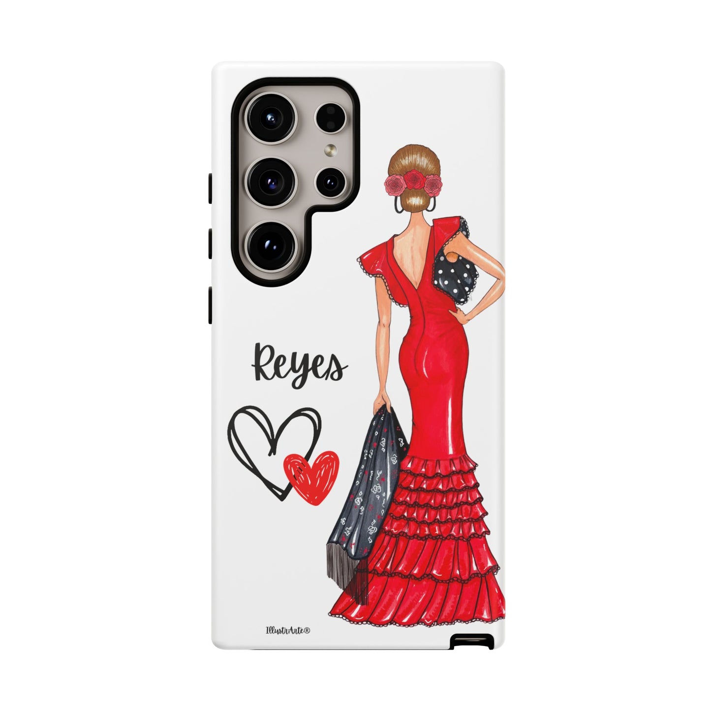 una funda de teléfono con una mujer en un vestido rojo