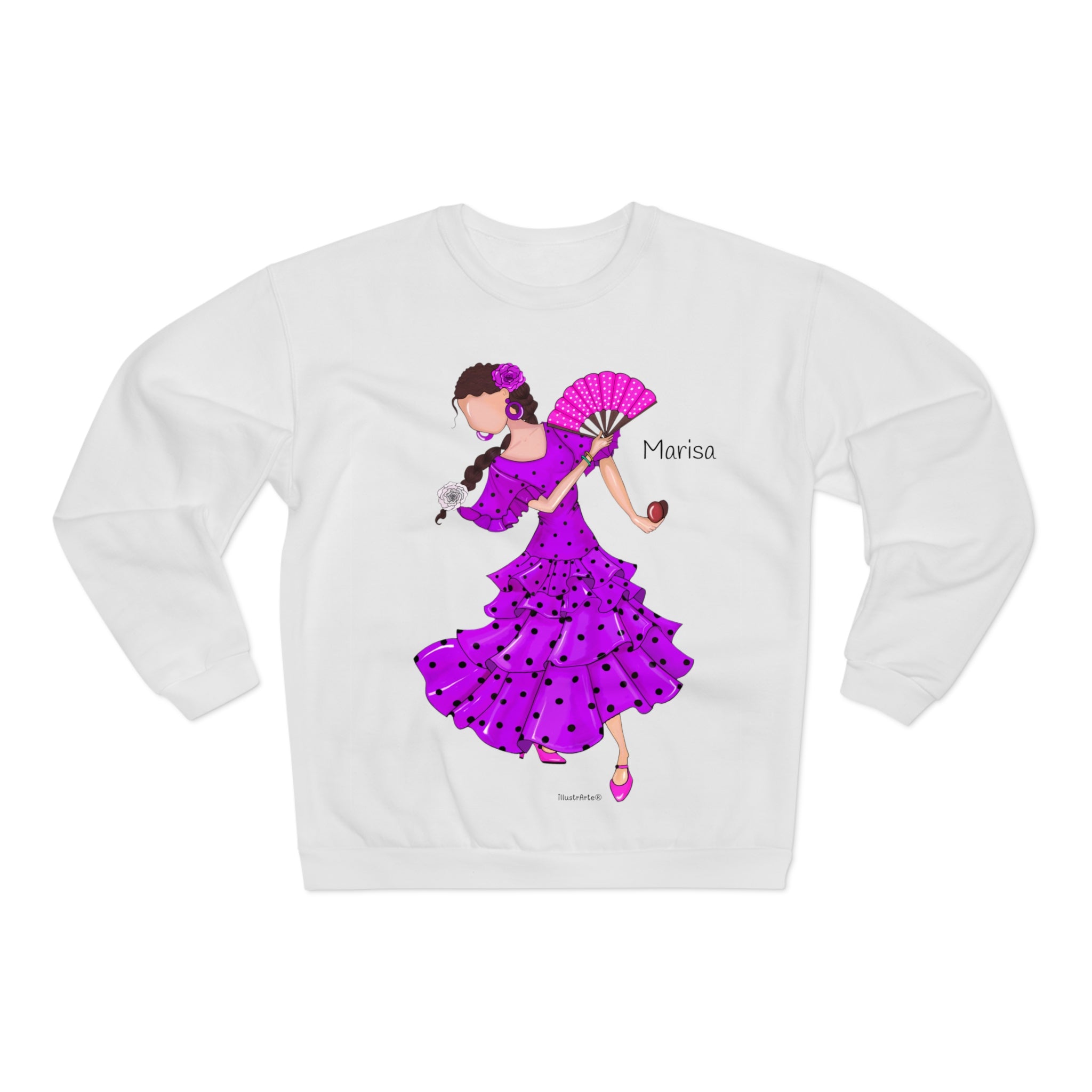 La Sudadera Personalizable Flamenca Marisa en un fondo blanco, destacando su ajuste clásico y cómodo.
