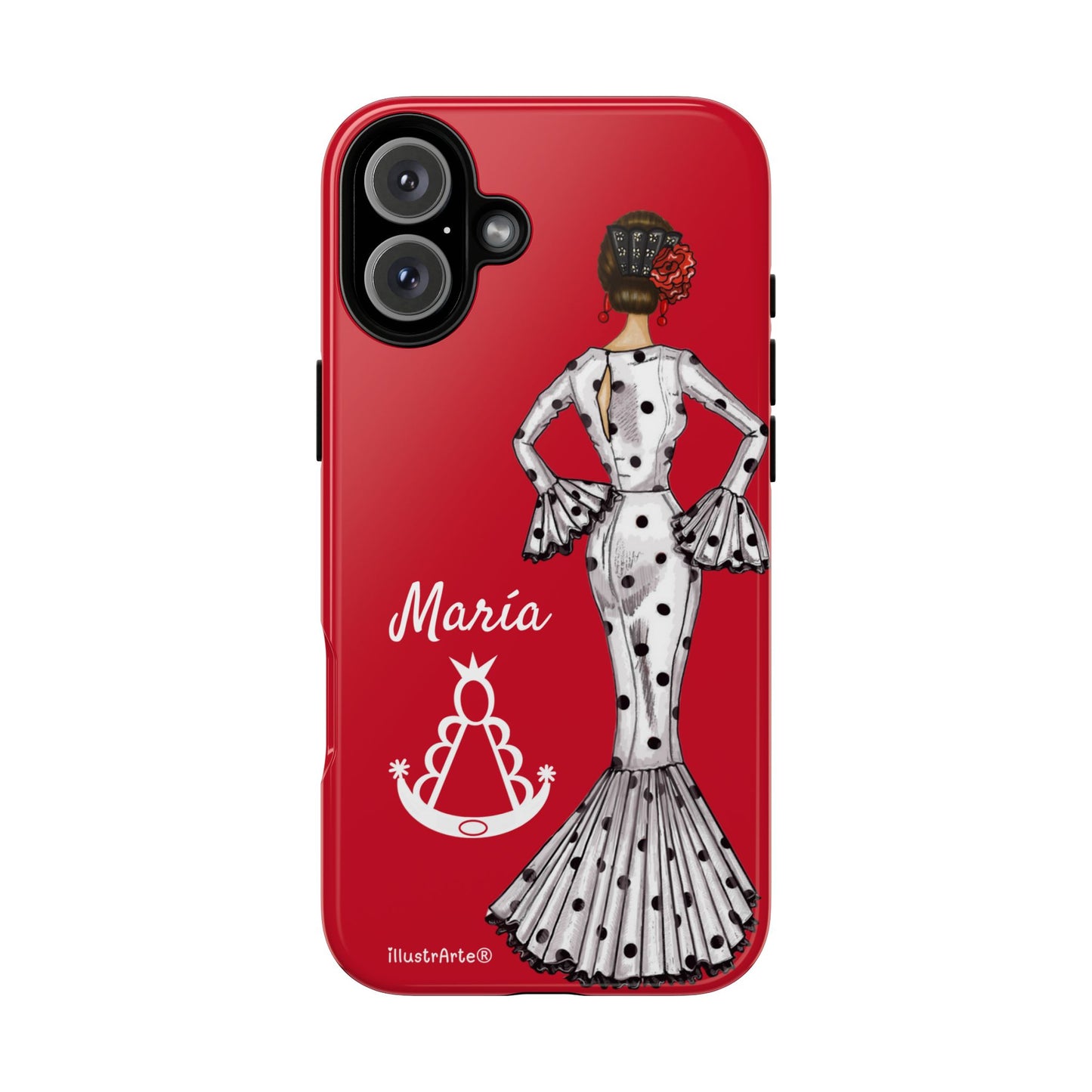 Capa de telefone personalizável com nome/bandeira/Virgem - modelo White Mary com Virgen del Rocío para iPhone, Samsung e Google Pixel