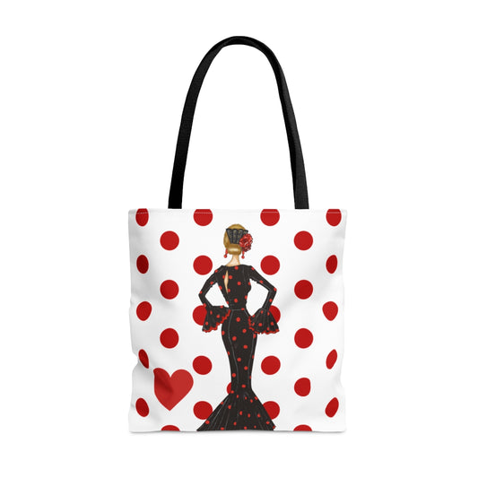 Bolso Asas Fijas - Modelo María vestido negro lunares rojos