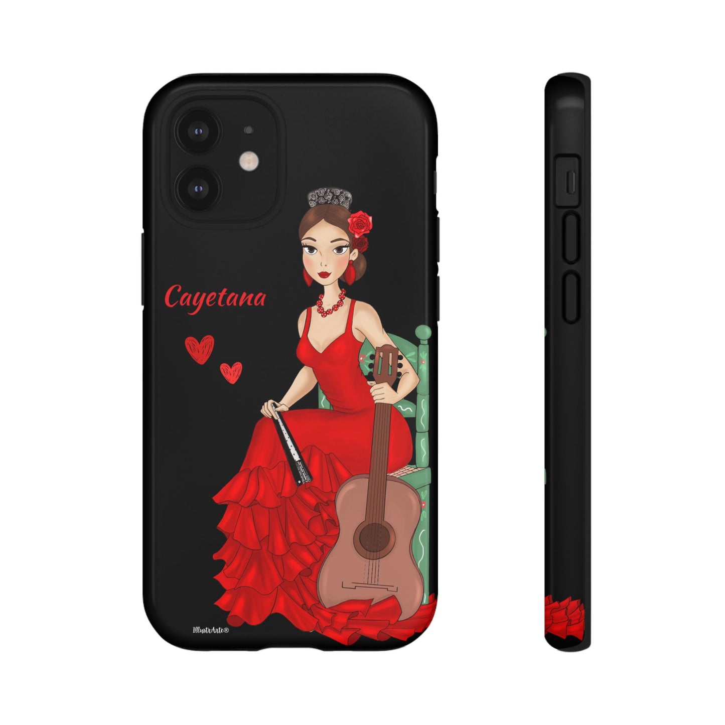 una funda de teléfono con una mujer en un vestido rojo sosteniendo una guitarra