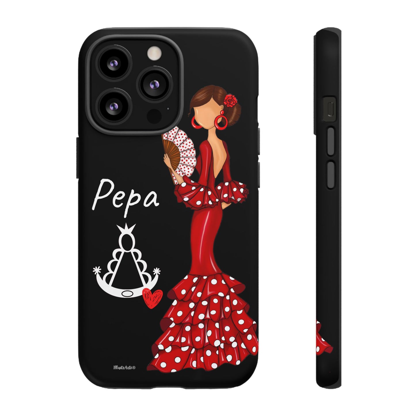 una funda de teléfono con una mujer en un vestido rojo