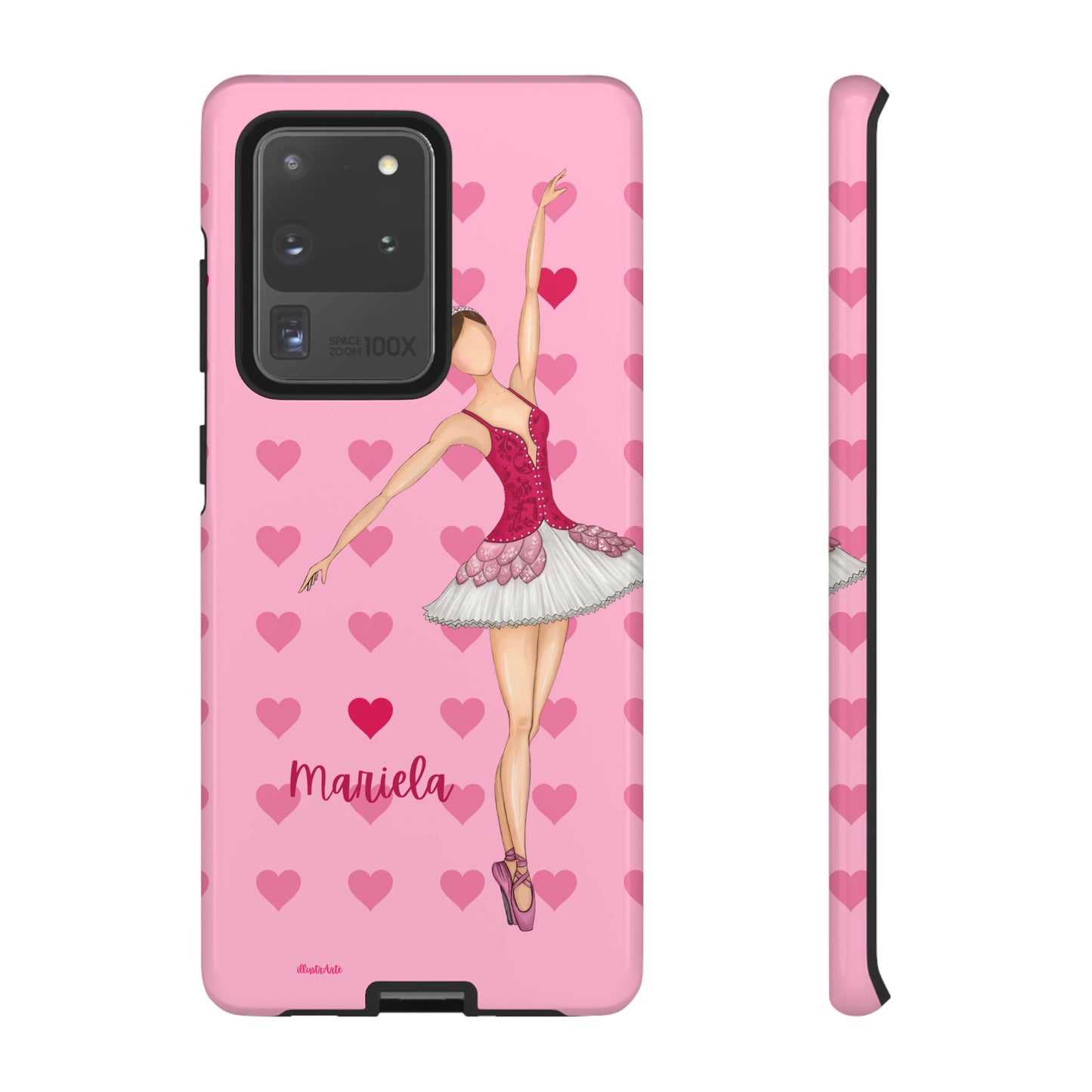 una funda de teléfono rosa con una bailarina en ella