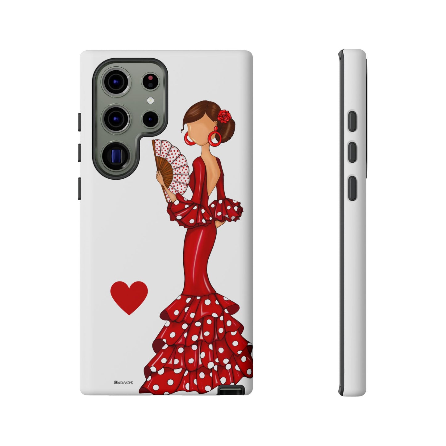 una funda de teléfono con una mujer en un vestido rojo