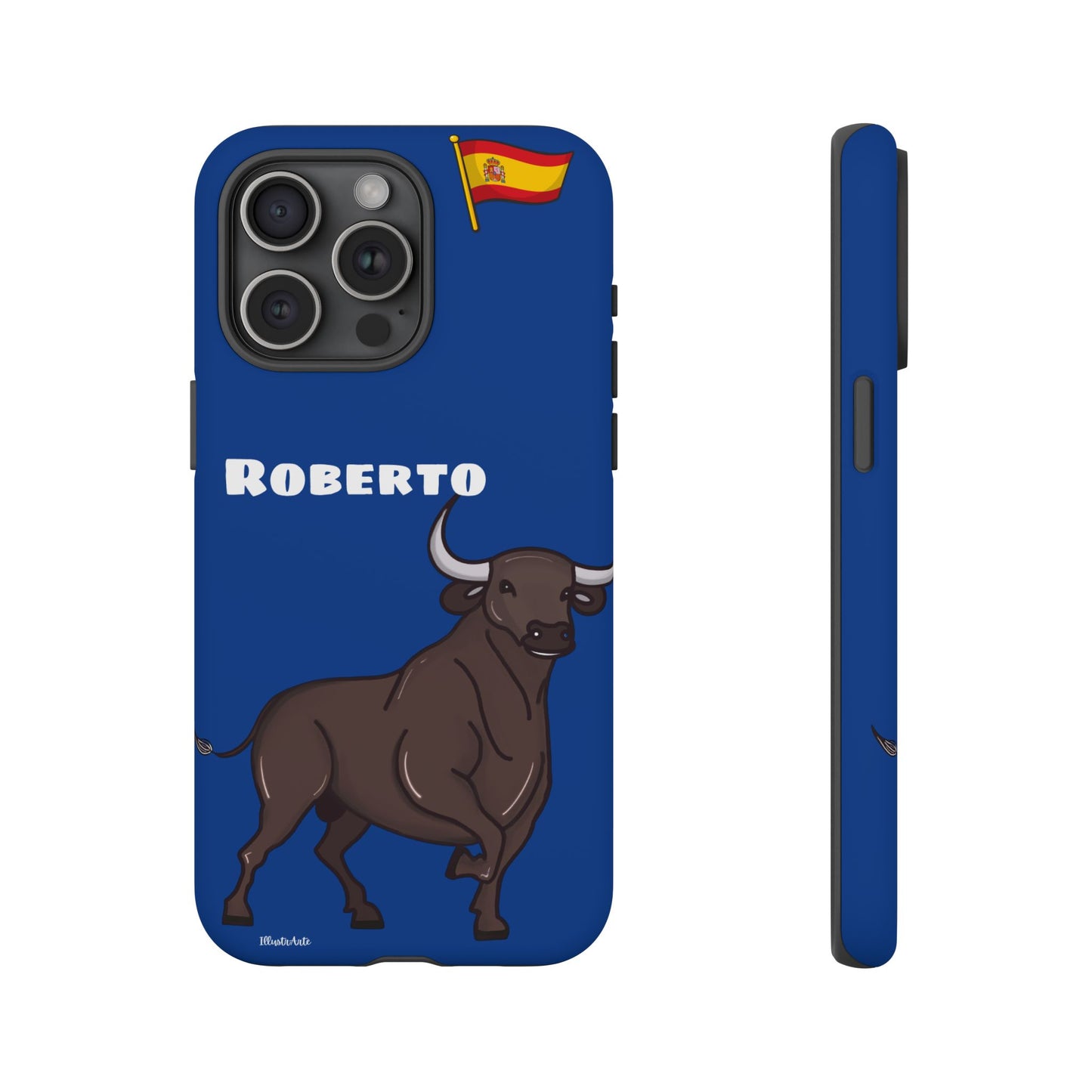 una funda de teléfono azul con un toro en ella