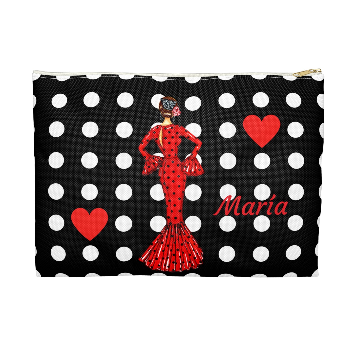 a black and white polka dot bag with a lady in a red dress