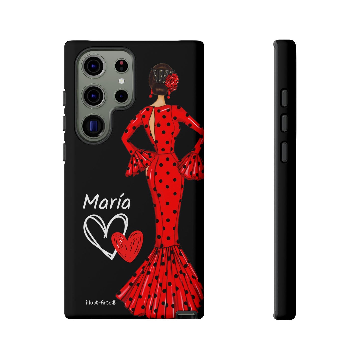 Capa de celular personalizável com nome/bandeira/Virgem - modelo Red Maria com cabelo escuro, fundo preto, para iPhone, Samsung e Google Pixel