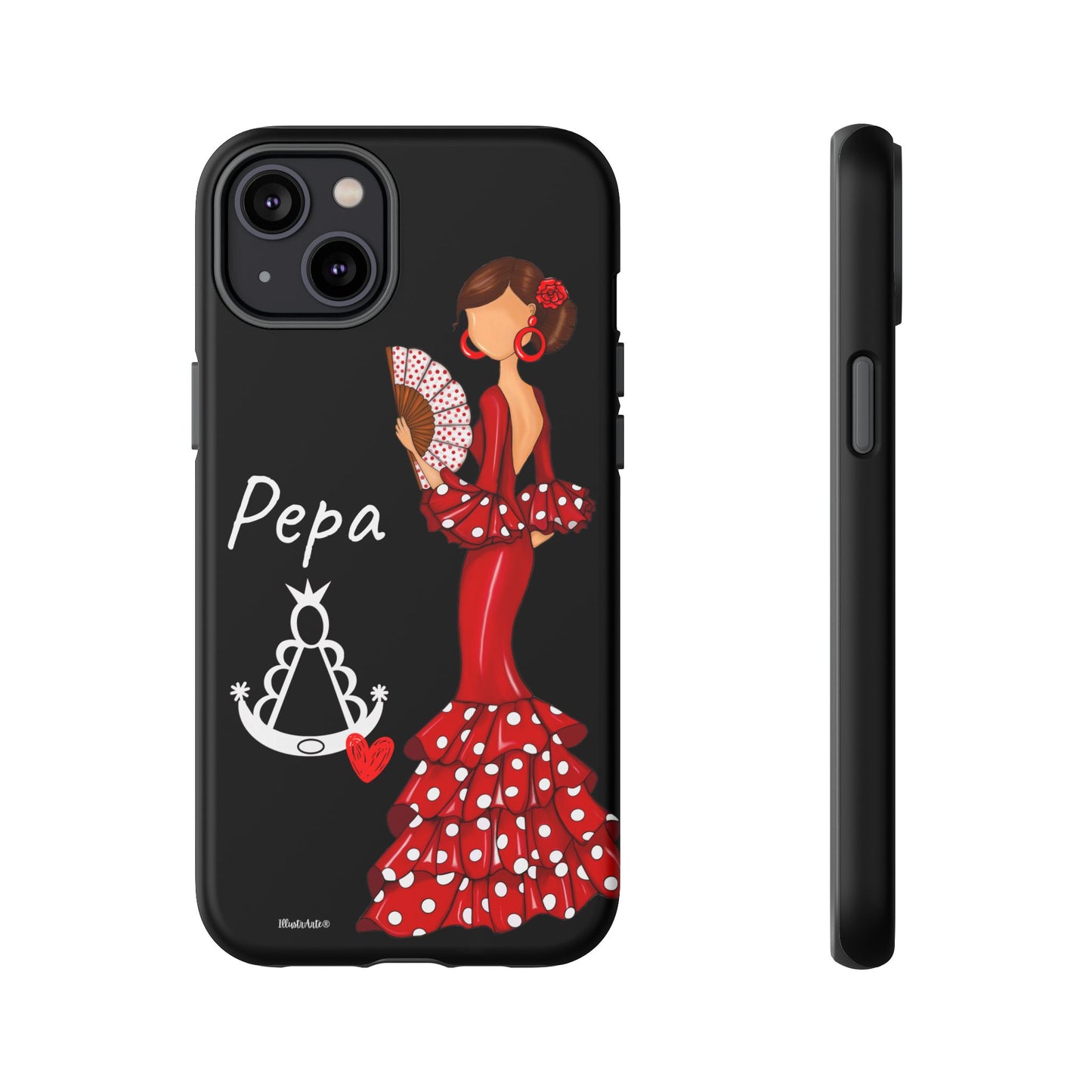 una funda de teléfono con una mujer en un vestido rojo