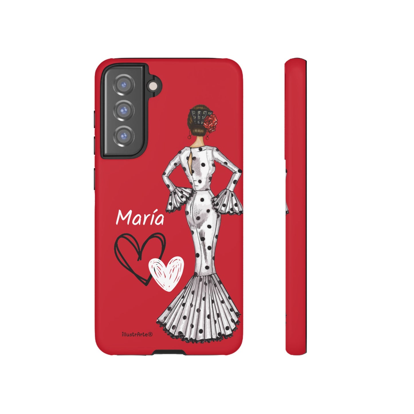 Personalized Maria phone case, white with red hearts background – for iPhone, Samsung, Pixel