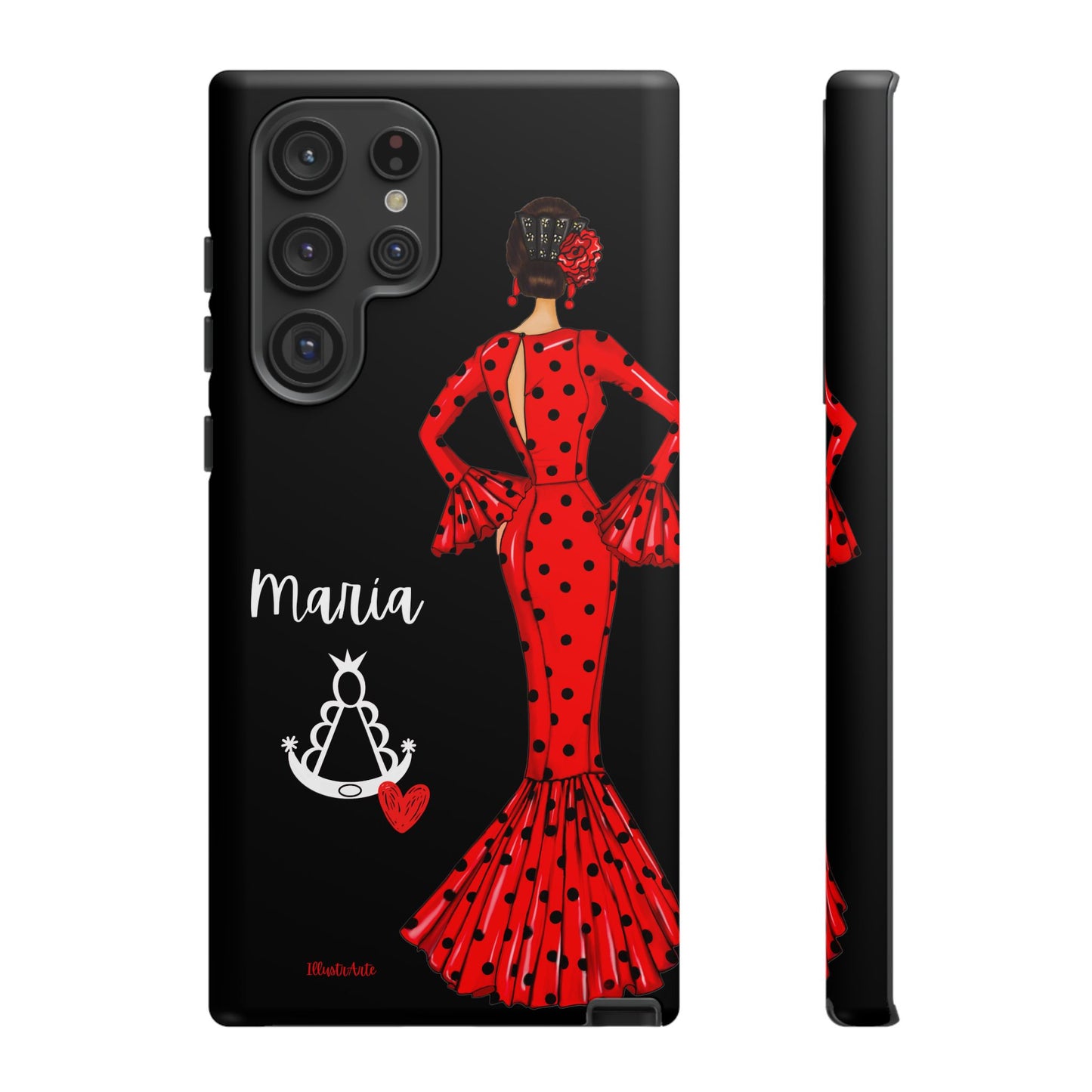 una funda de teléfono con una mujer en un vestido rojo