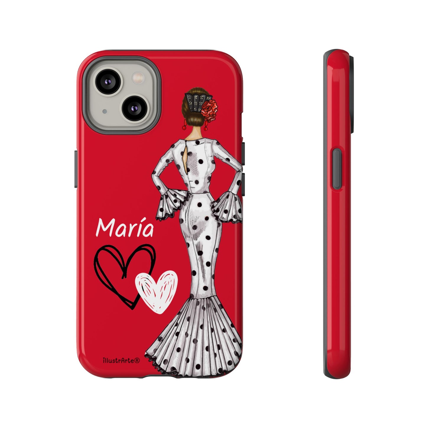 Personalized Maria phone case, white with red hearts background – for iPhone, Samsung, Pixel