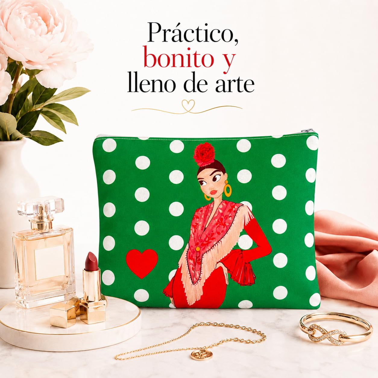 Neceser Granada illustrArte – Lucía, fondo blanco con lunares – vista 6 – imagen Amazon