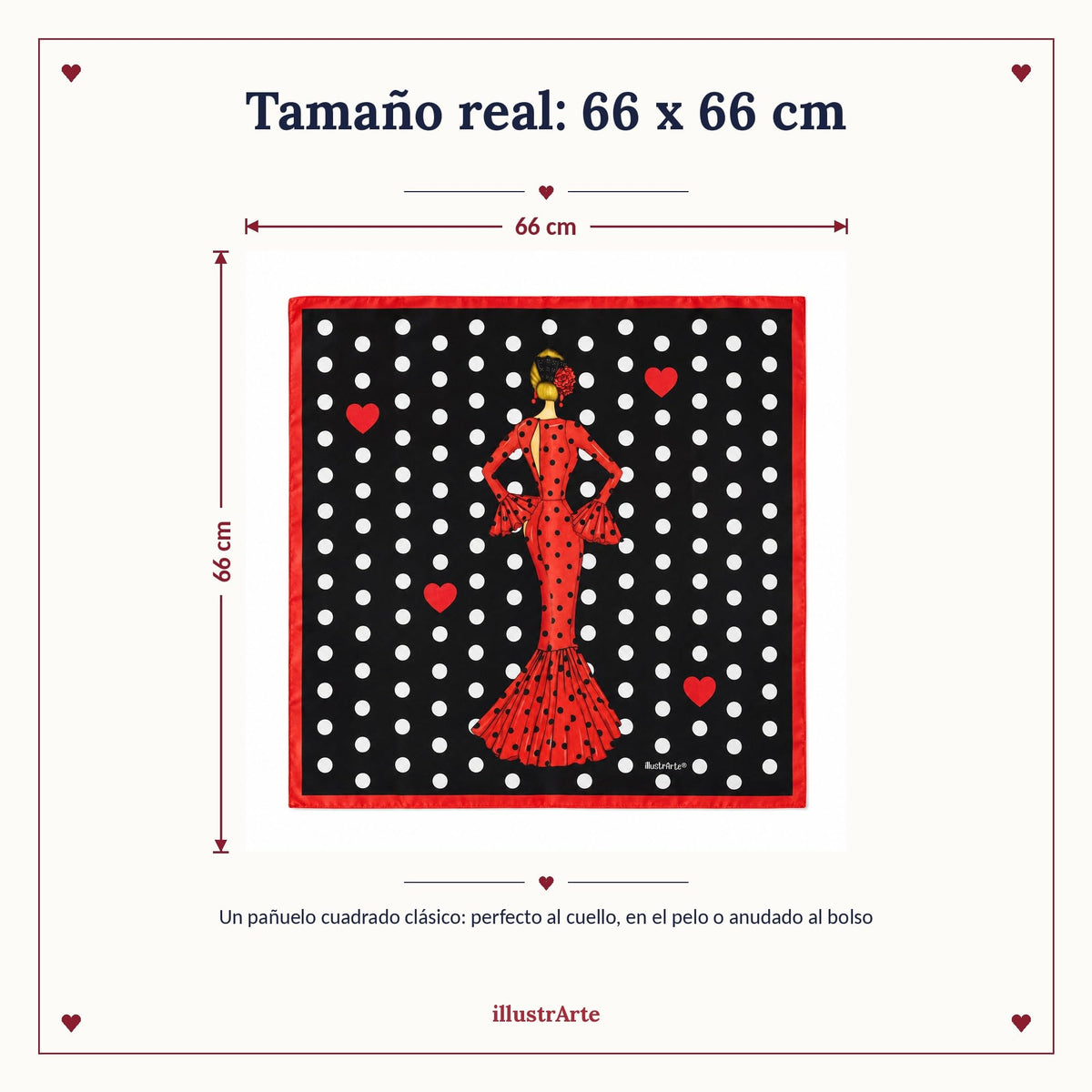 Pañuelo de seda flamenca illustrArte 66 x 66 cm – diseño María Rojo, fondo negro – vista 4