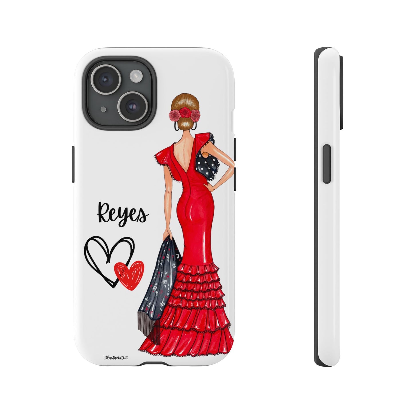 una funda de teléfono con una mujer en un vestido rojo