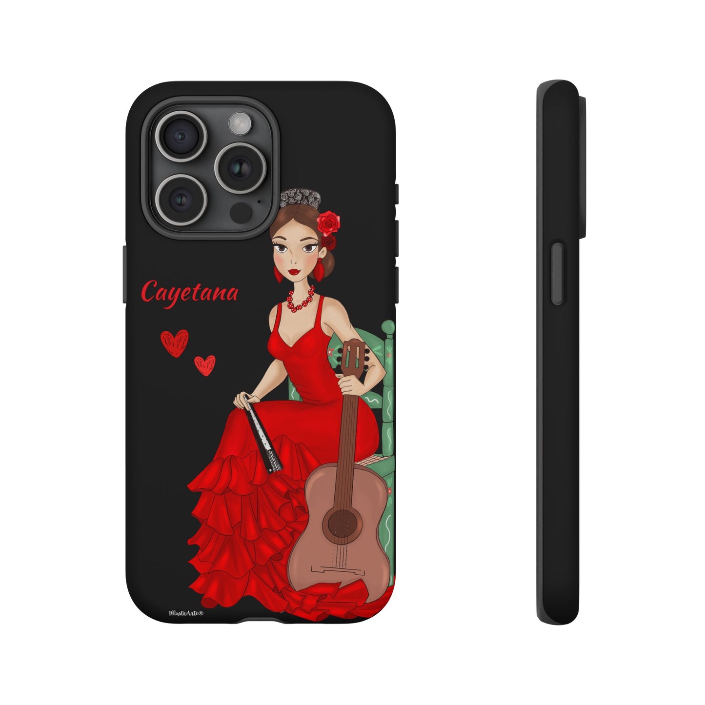 una funda de teléfono con una mujer en un vestido rojo sosteniendo una guitarra