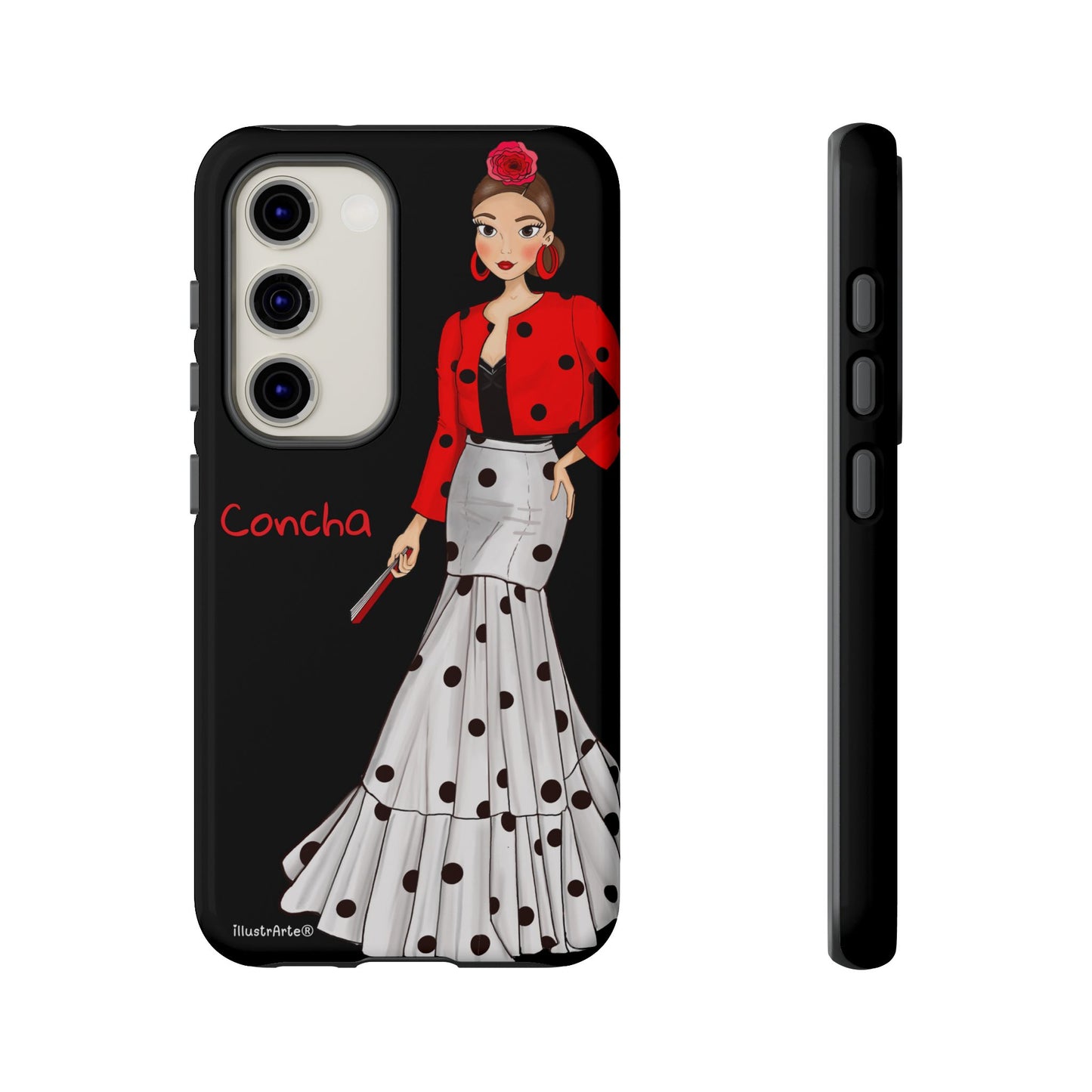 Funda de teléfono Modelo Conchita mostrando diseño personalizable en negro.