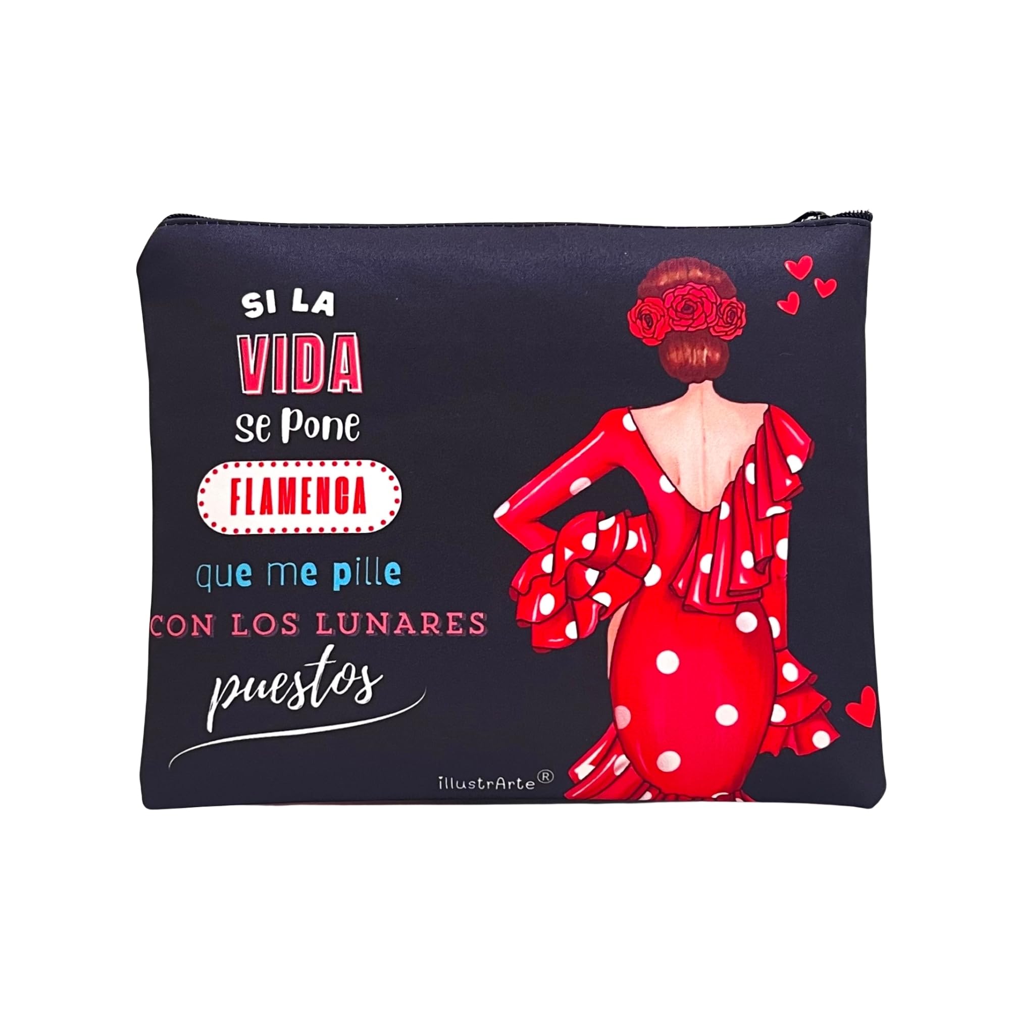 Neceser o estuche Granada illustrArte 22 x 17 cm – diseño Macarena, fondo negro con frase – imagen Amazon