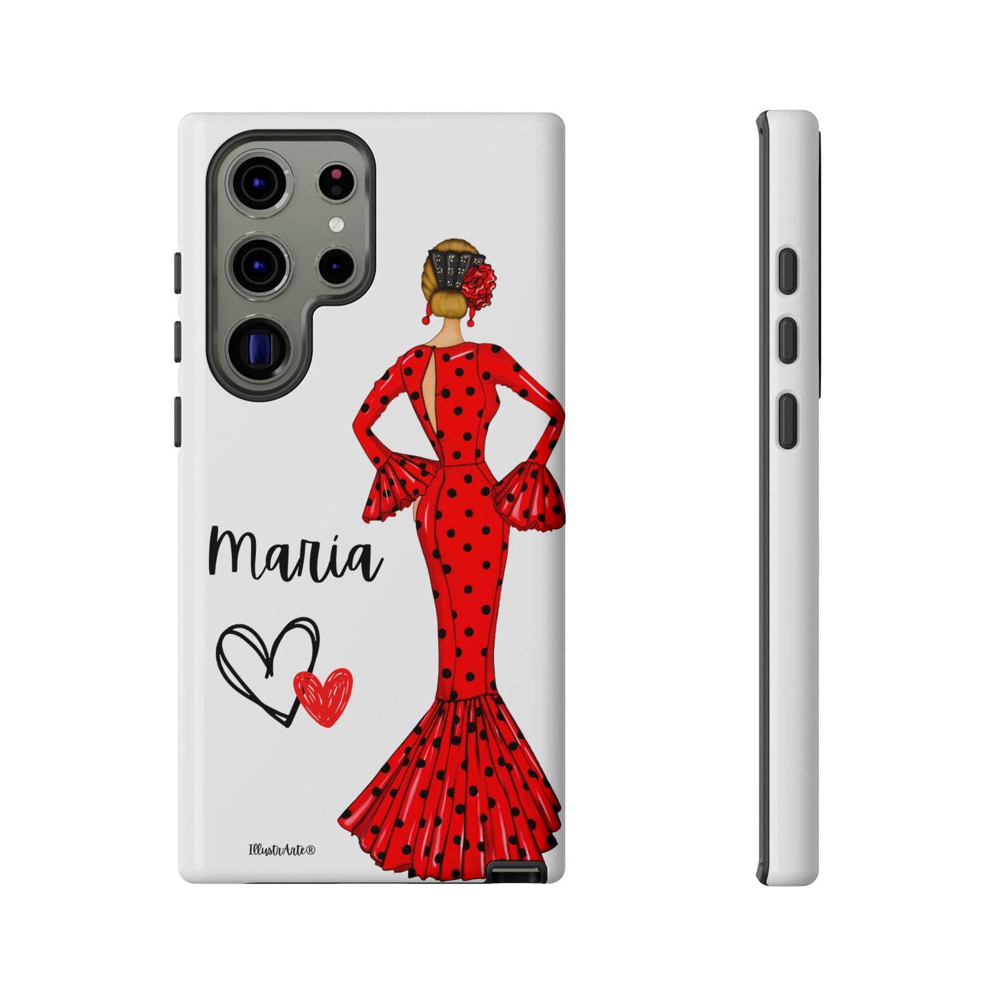 una funda de teléfono con una mujer en un vestido rojo