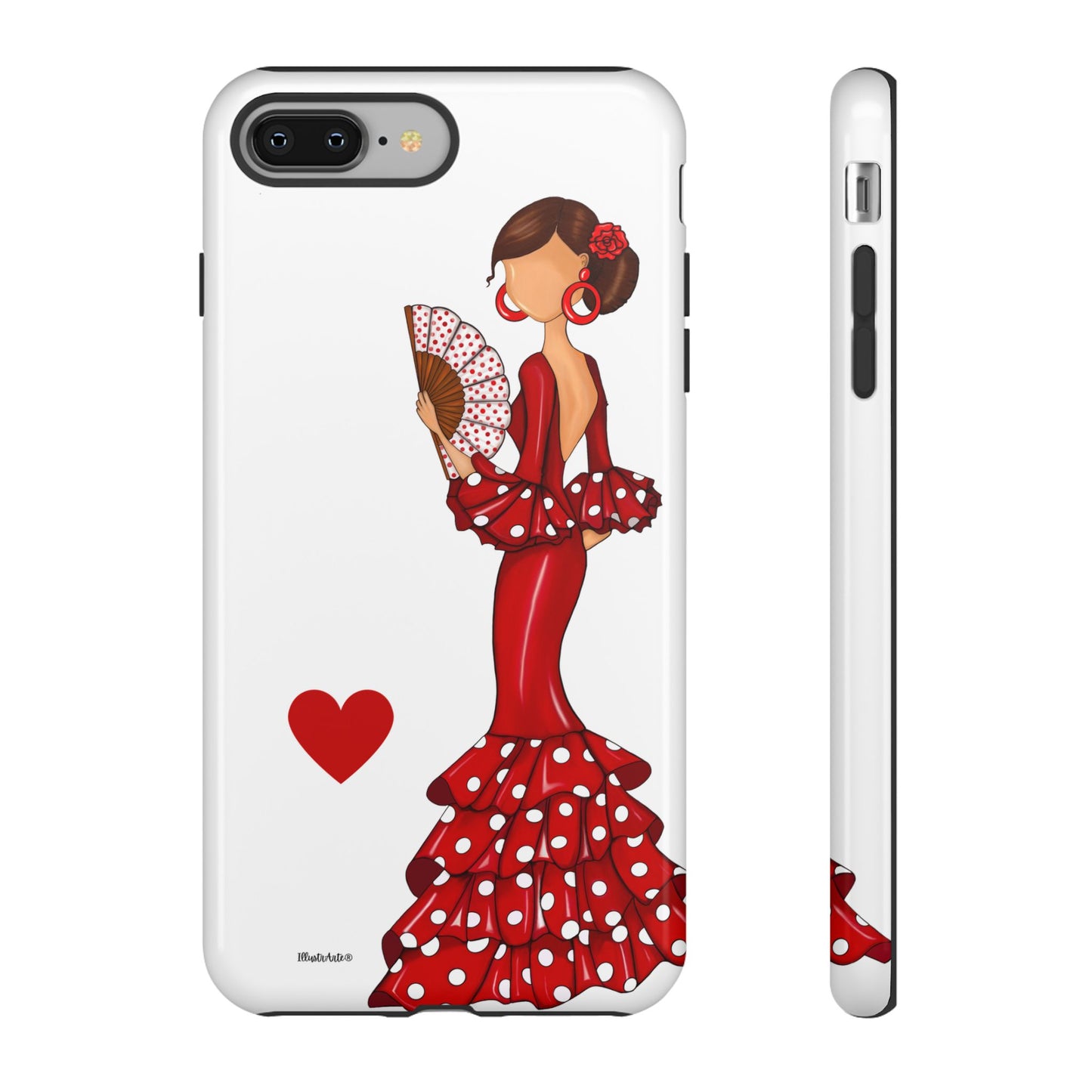 una funda de teléfono con una mujer en un vestido rojo