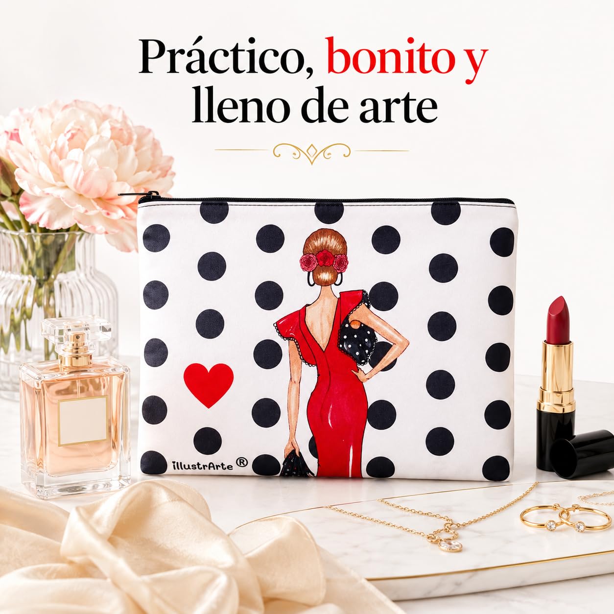 Neceser Granada illustrArte – Manuela, fondo blanco con lunares – vista 6 – imagen Amazon