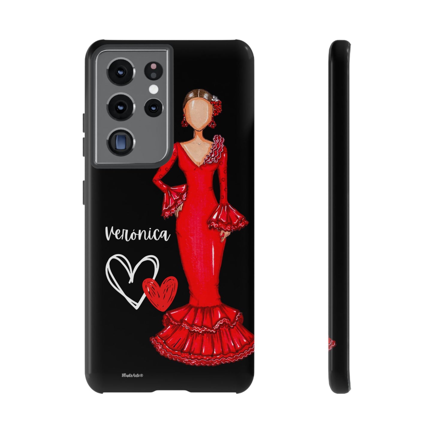 una funda de teléfono con una mujer con un vestido rojo