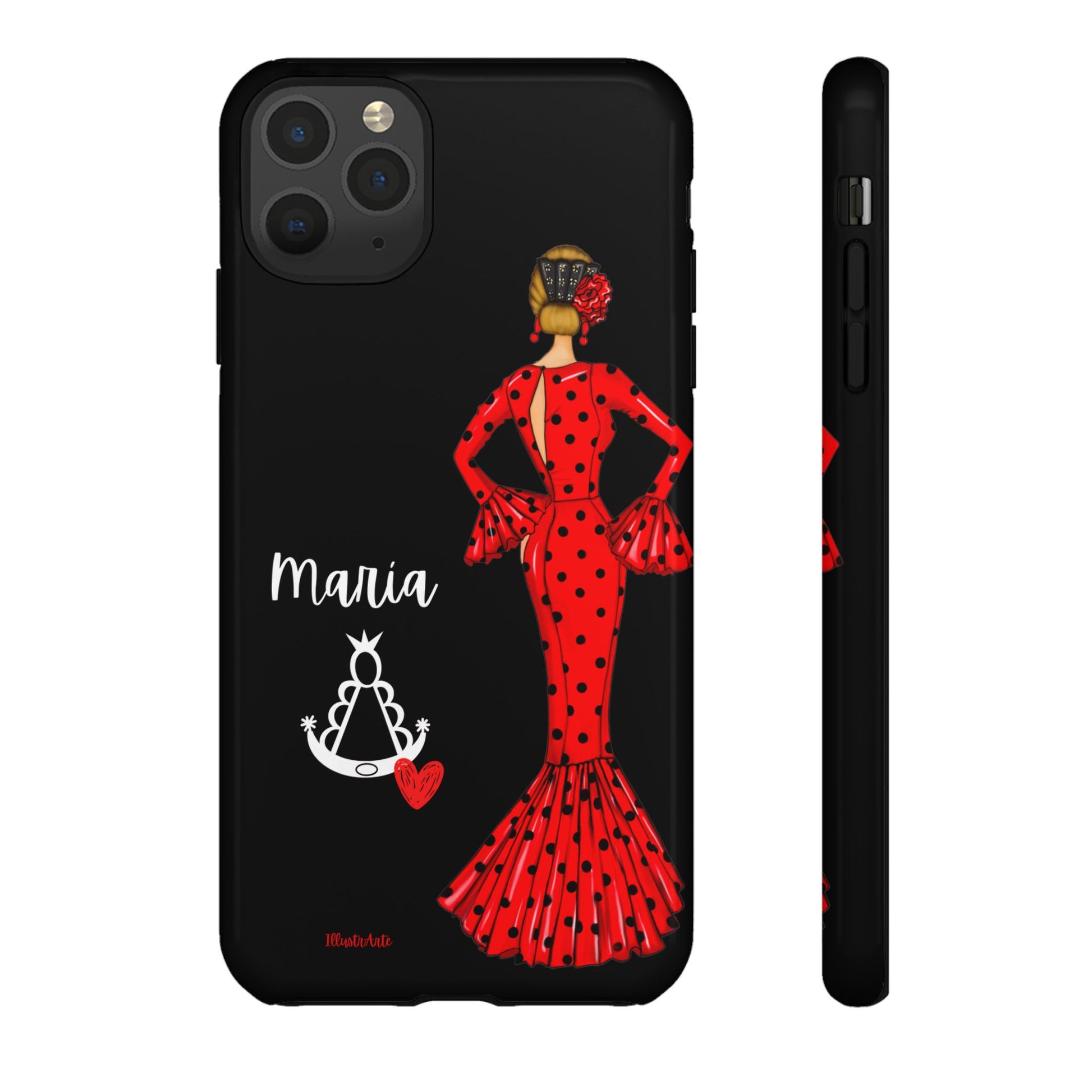 una funda de teléfono con una mujer en un vestido rojo