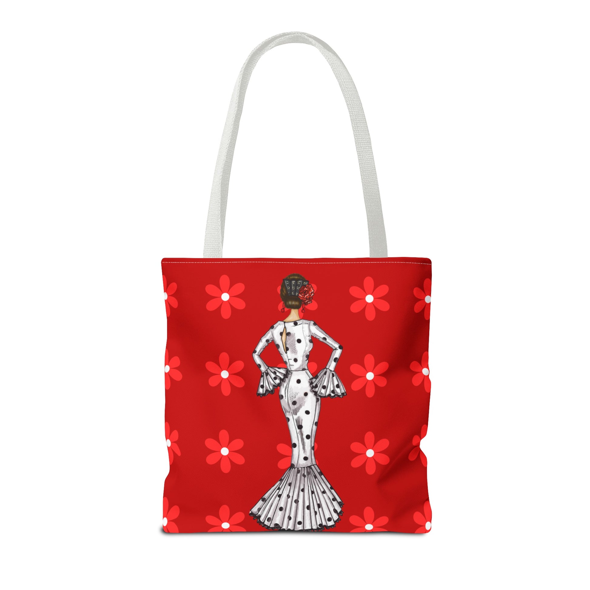 a red tote bag with a picture of a woman on it