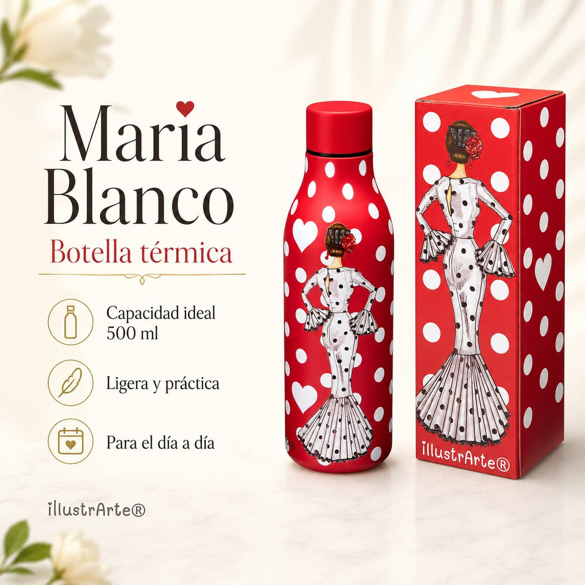 Botella térmica flamenca illustrArte 500 ml – diseño María Blanco, fondo rojo – vista 6