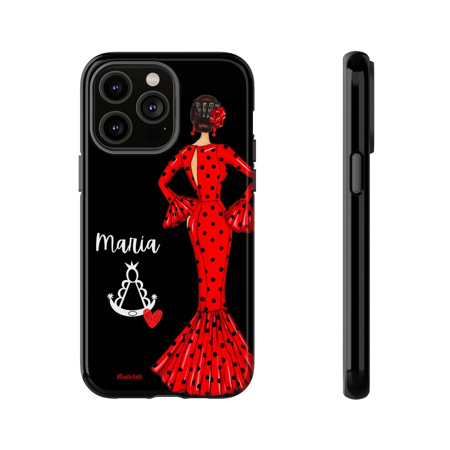 una funda de teléfono con una mujer en un vestido rojo