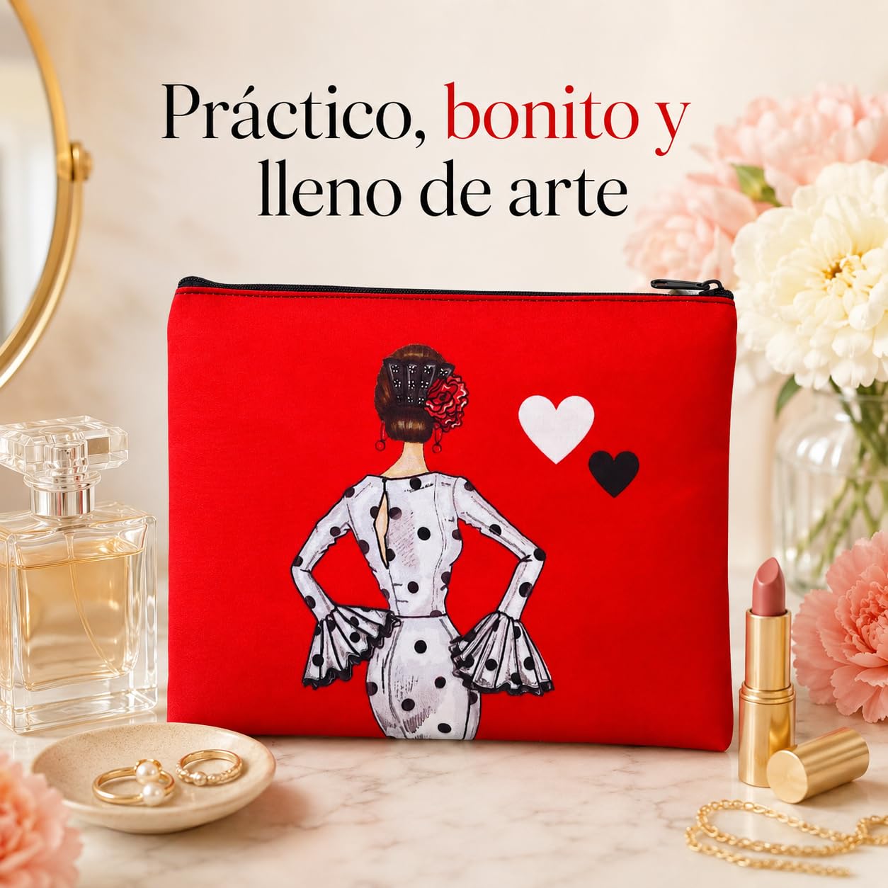 Neceser Granada illustrArte – María Blanco, fondo rojo con corazones – vista 6 – imagen Amazon