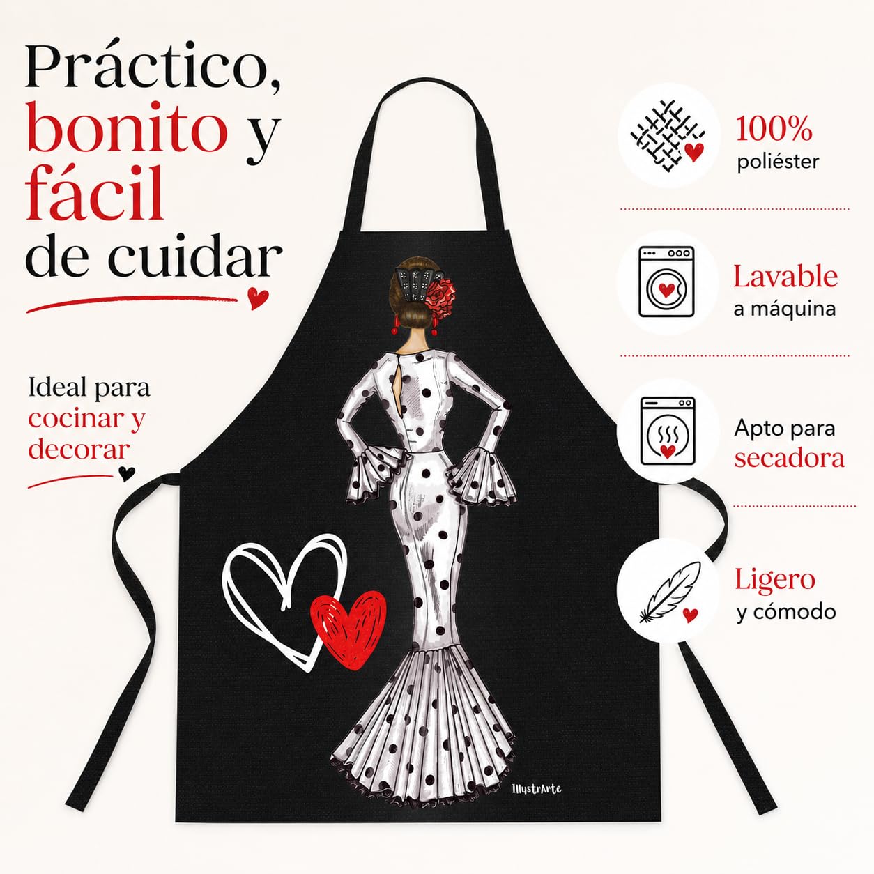 Delantal flamenca illustrArte – María Blanco, fondo negro – vista 7